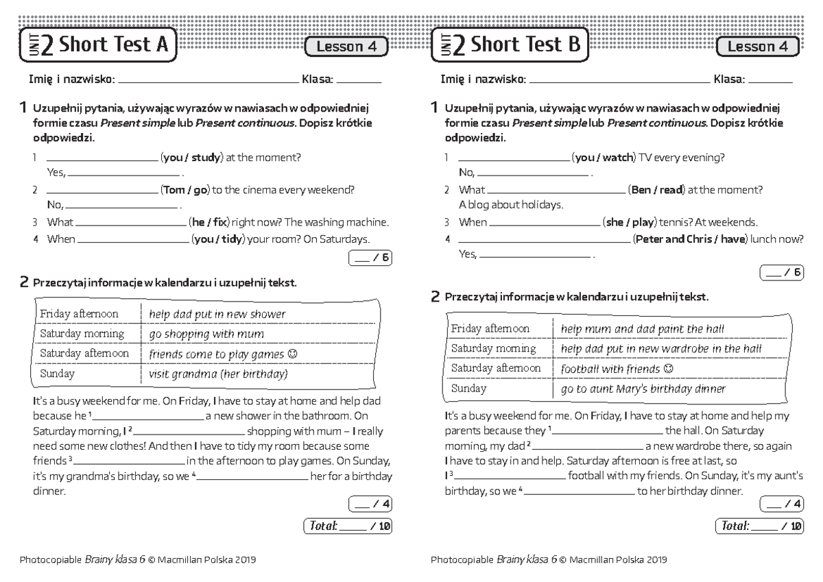 Kl6 unit 2 short test - materiały dla klas 4-8 - Imię i nazwisko: Klasa ...