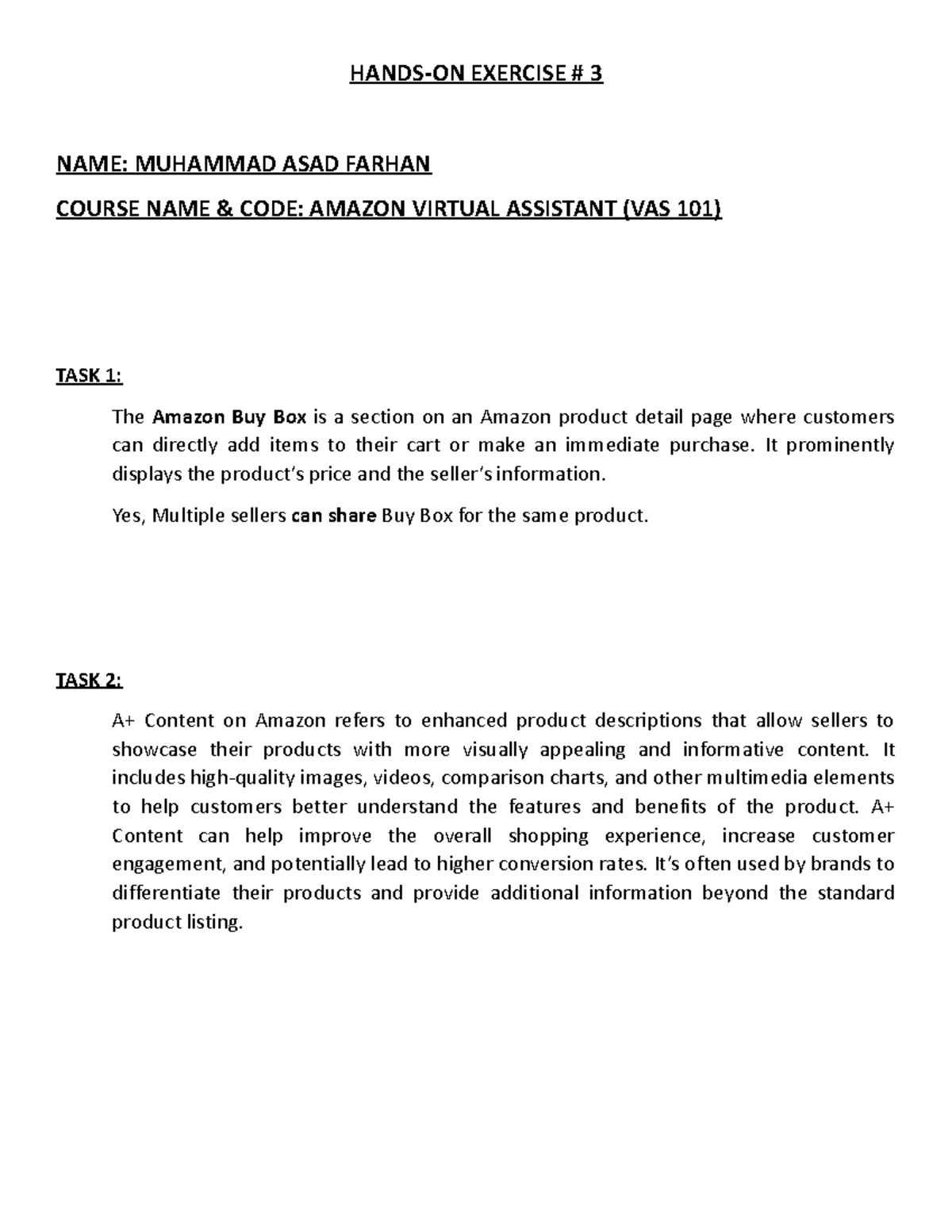 A3 VA - Amz Virtual Assistant - HANDS-ON EXERCISE # 3 NAME: MUHAMMAD ...