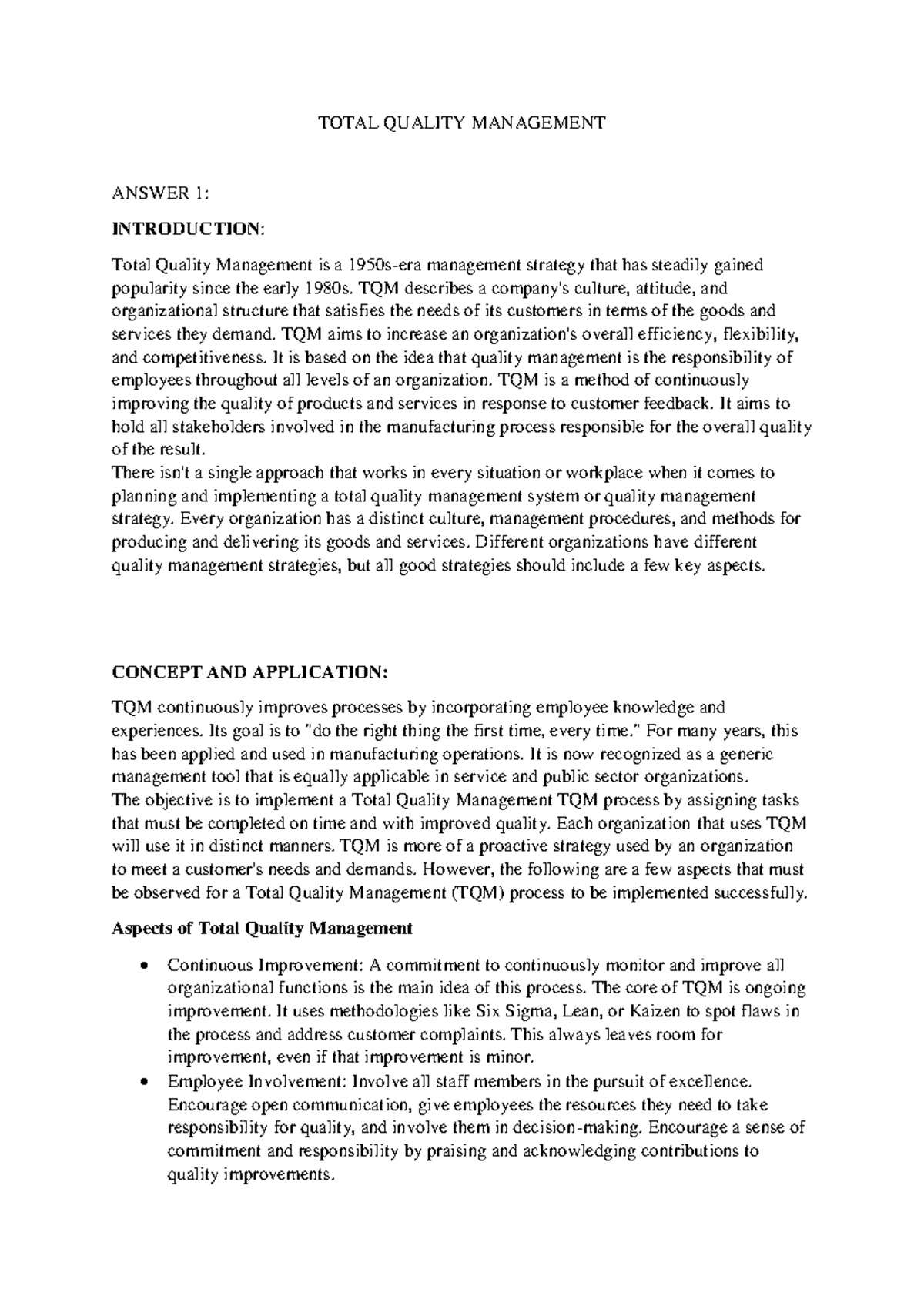 Total Quality Management - TOTAL QUALITY MANAGEMENT ANSWER 1 ...