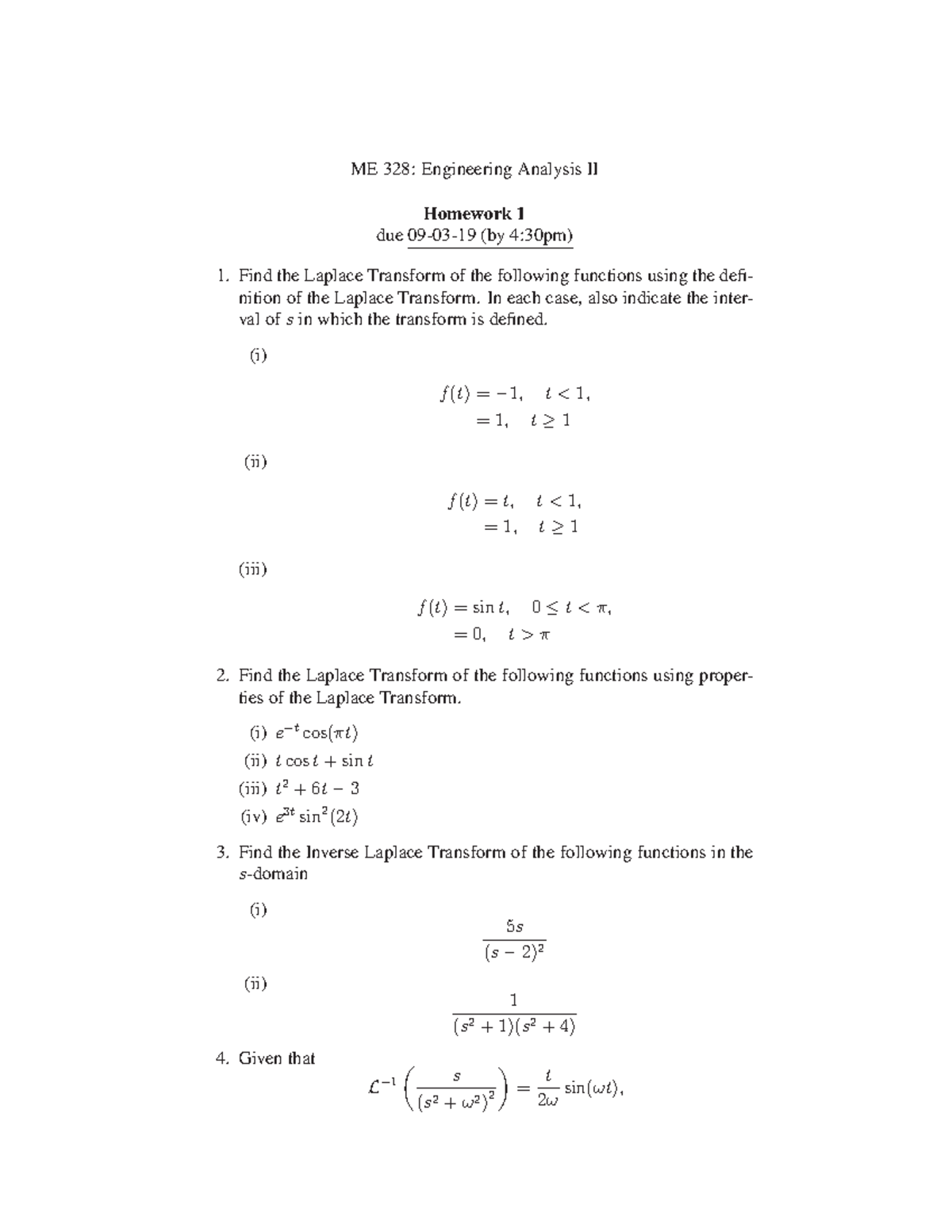 Homework 1-ME 328 - ME 328: Engineering Analysis II Homework 1 due 09 ...