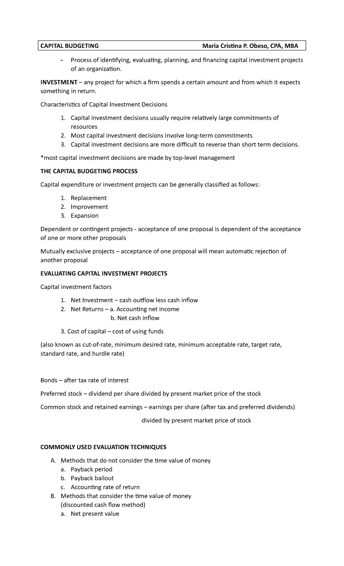 Capital- Budgeting - CAPITAL BUDGETING Maria Cristina P. Obeso, CPA ...