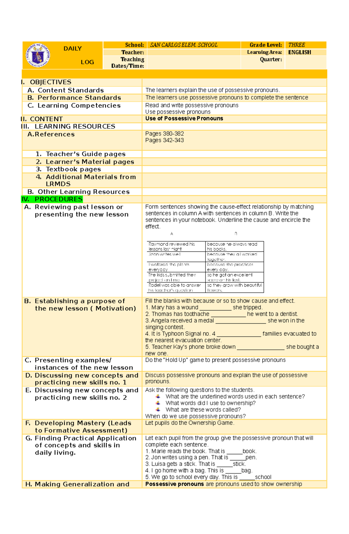 English3COT English cot DAILY LESSON LOG School SAN CARLOS ELEM