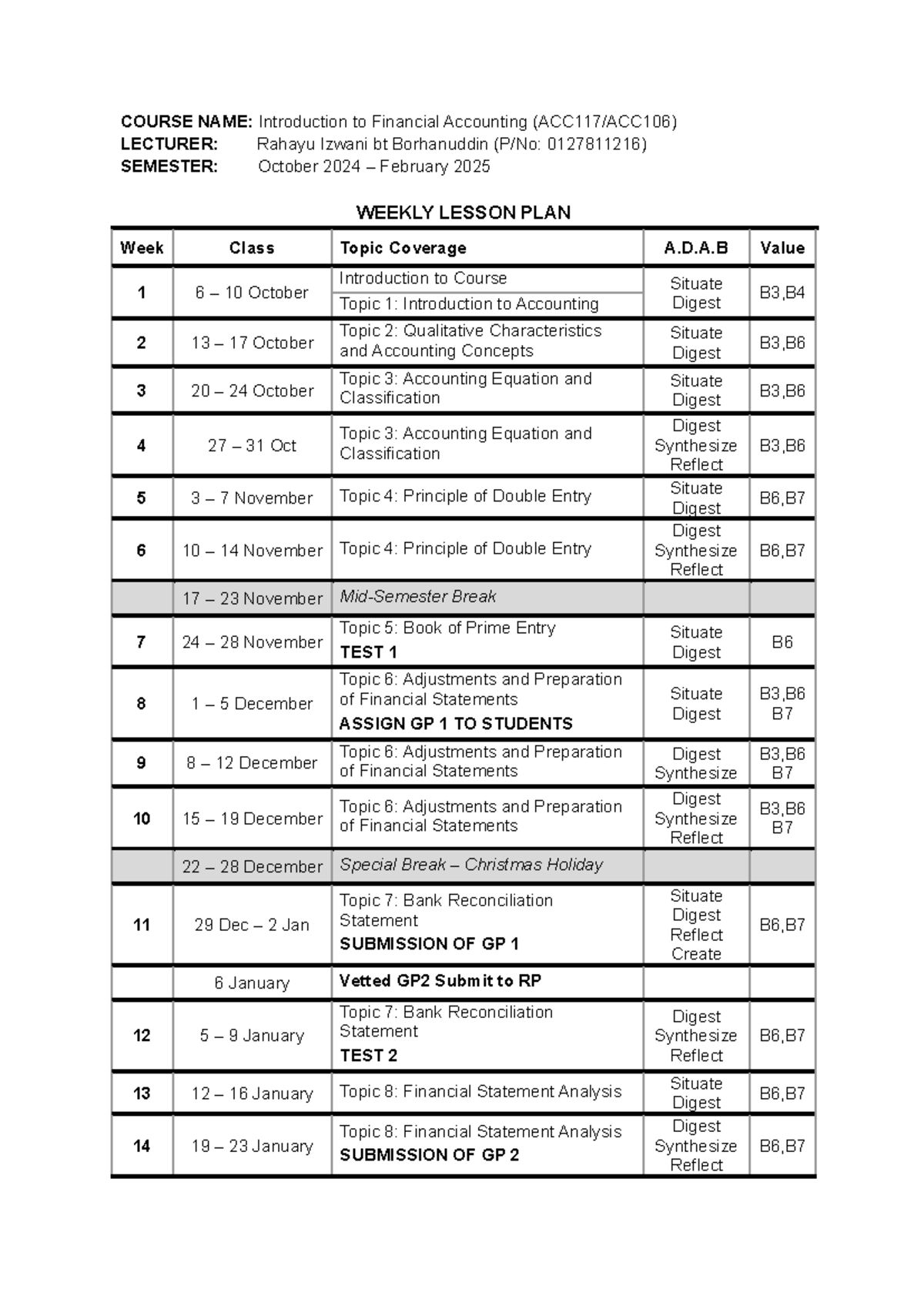 Weekly Lesson Plan ACC117 ACC106 October 2024 - February 2025 Ui TMCJ ...