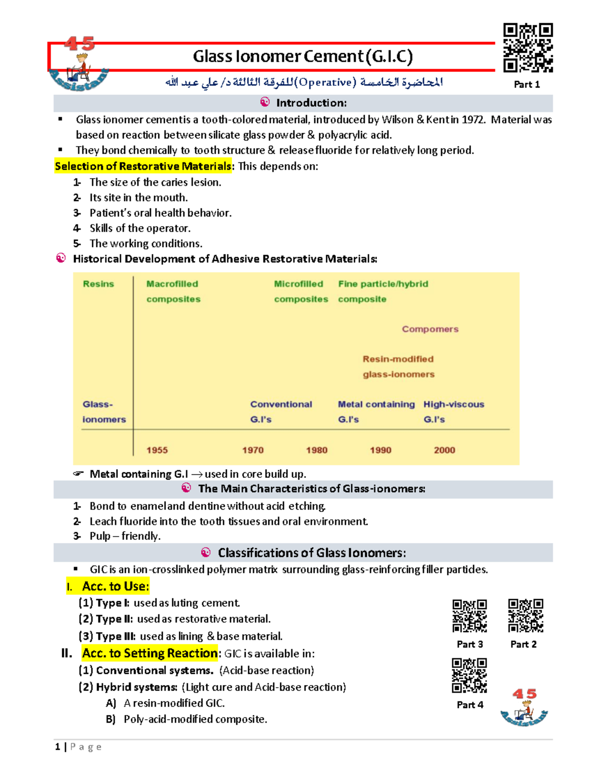 05 Glass ionomer Cement Glass Ionomer Cement (G.I) د/ علي عبد الله