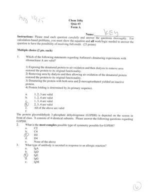 Quiz 2 KEY Form A - / .' . Chem 160a .t- F T \ Quiz #2 Form A I Name: 5 ...