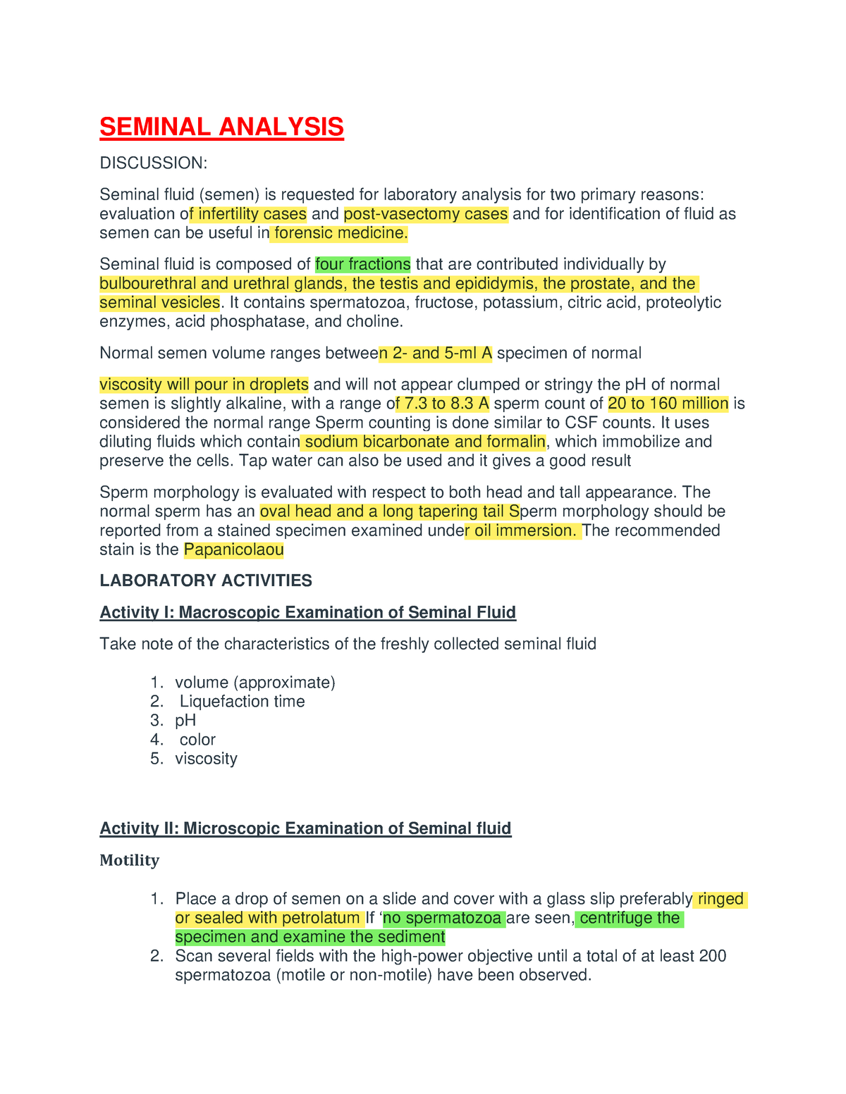 Seminal And Sputum Analysis Add. Info - SEMINAL ANALYSIS DISCUSSION ...