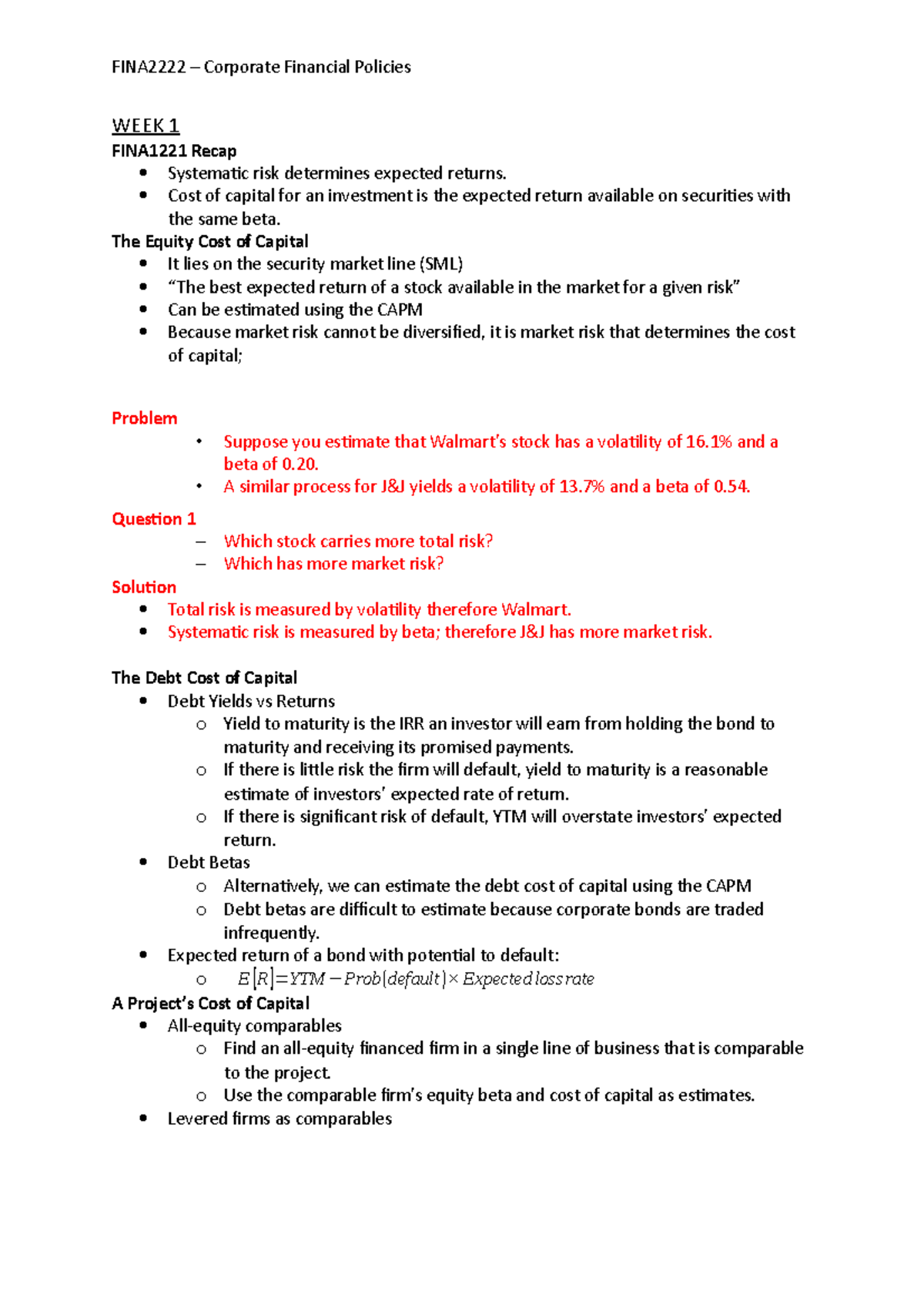 FINA2222 Lecture Notes - WEEK 1 FINA1221 Recap Systematic risk ...