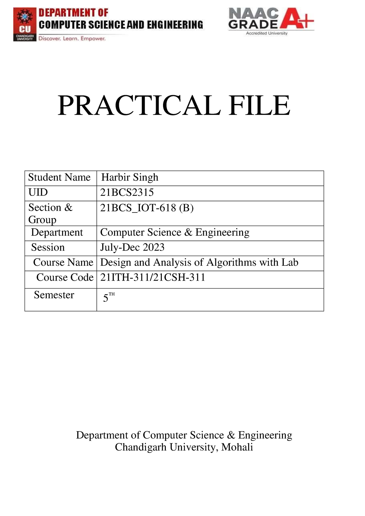 DAA Worksheet 1 - Notes - PRACTICAL FILE Student Name Harbir Singh UID ...