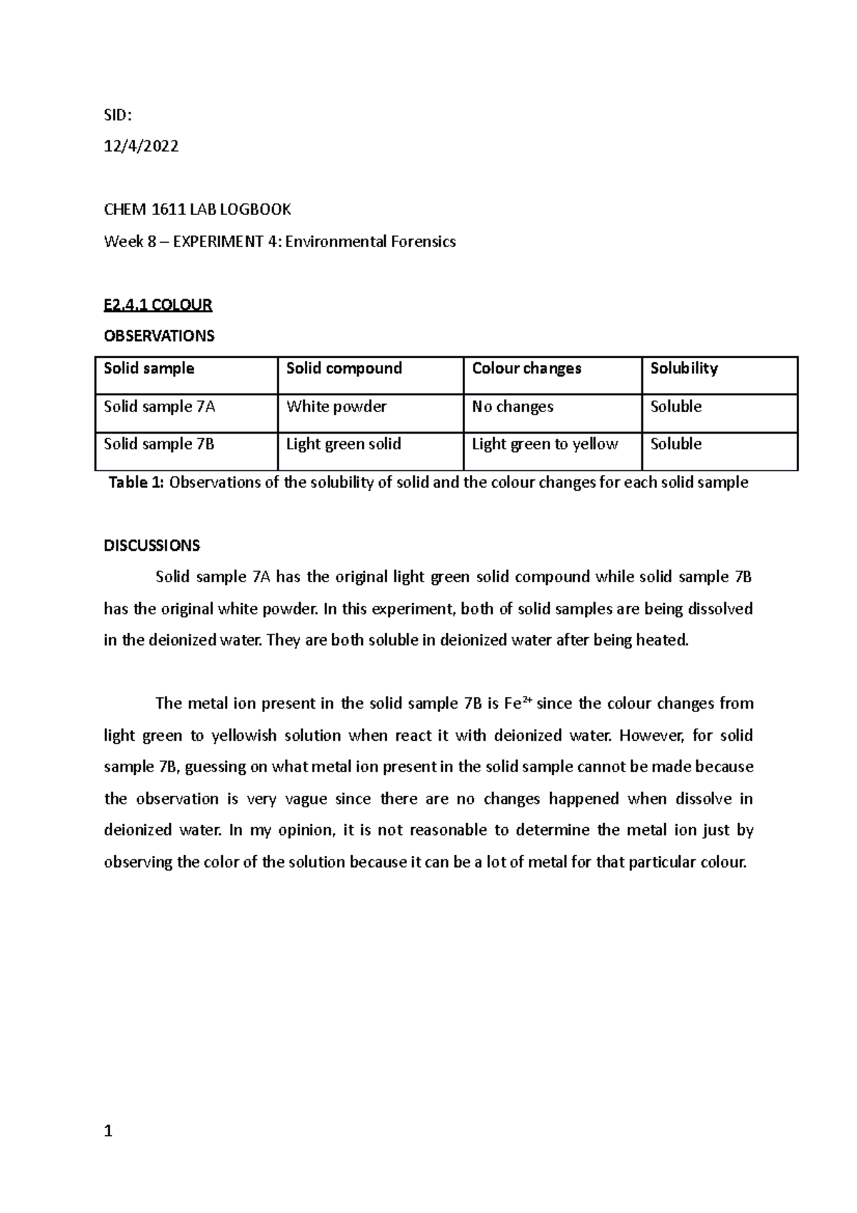 E F - practical - SID: 12/4/ CHEM 1611 LAB LOGBOOK Week 8 – EXPERIMENT ...