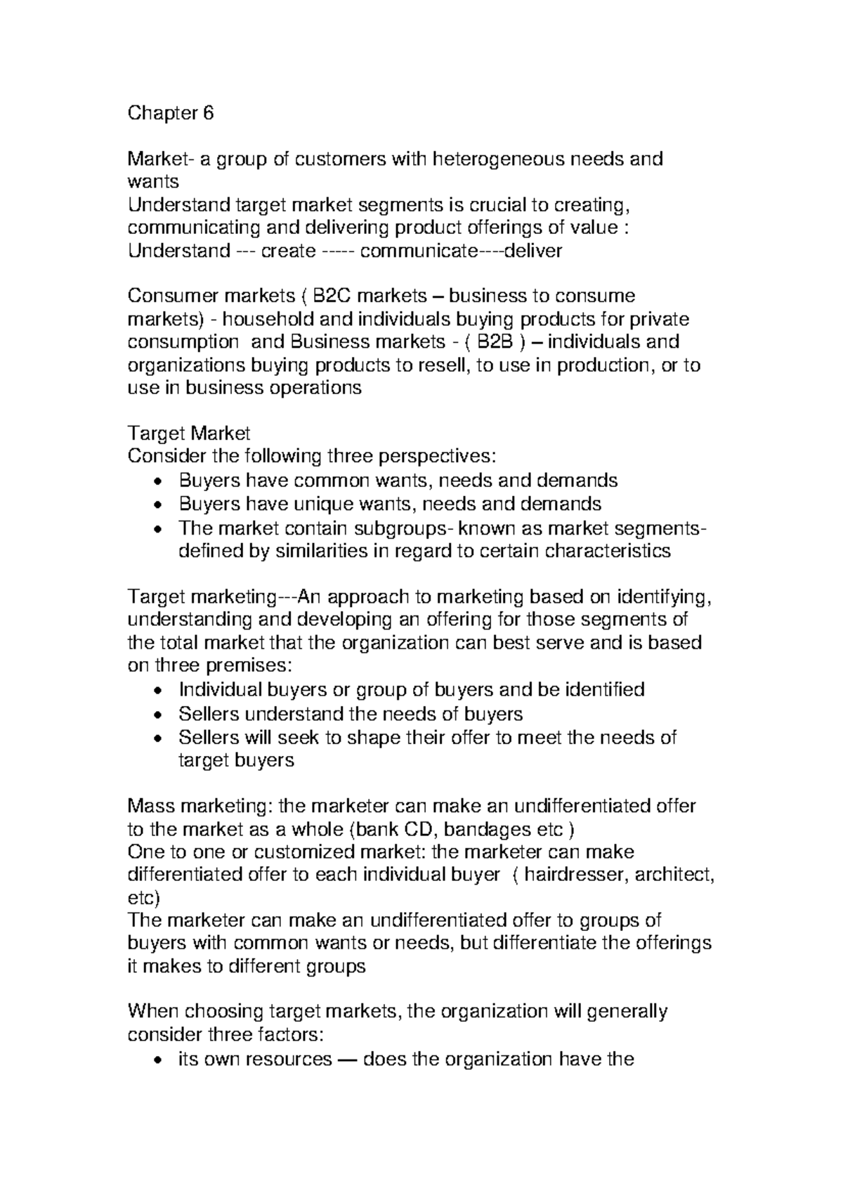 Revision Notes Introduction To Marketing (1003MKT): - Chapter 6 Market ...