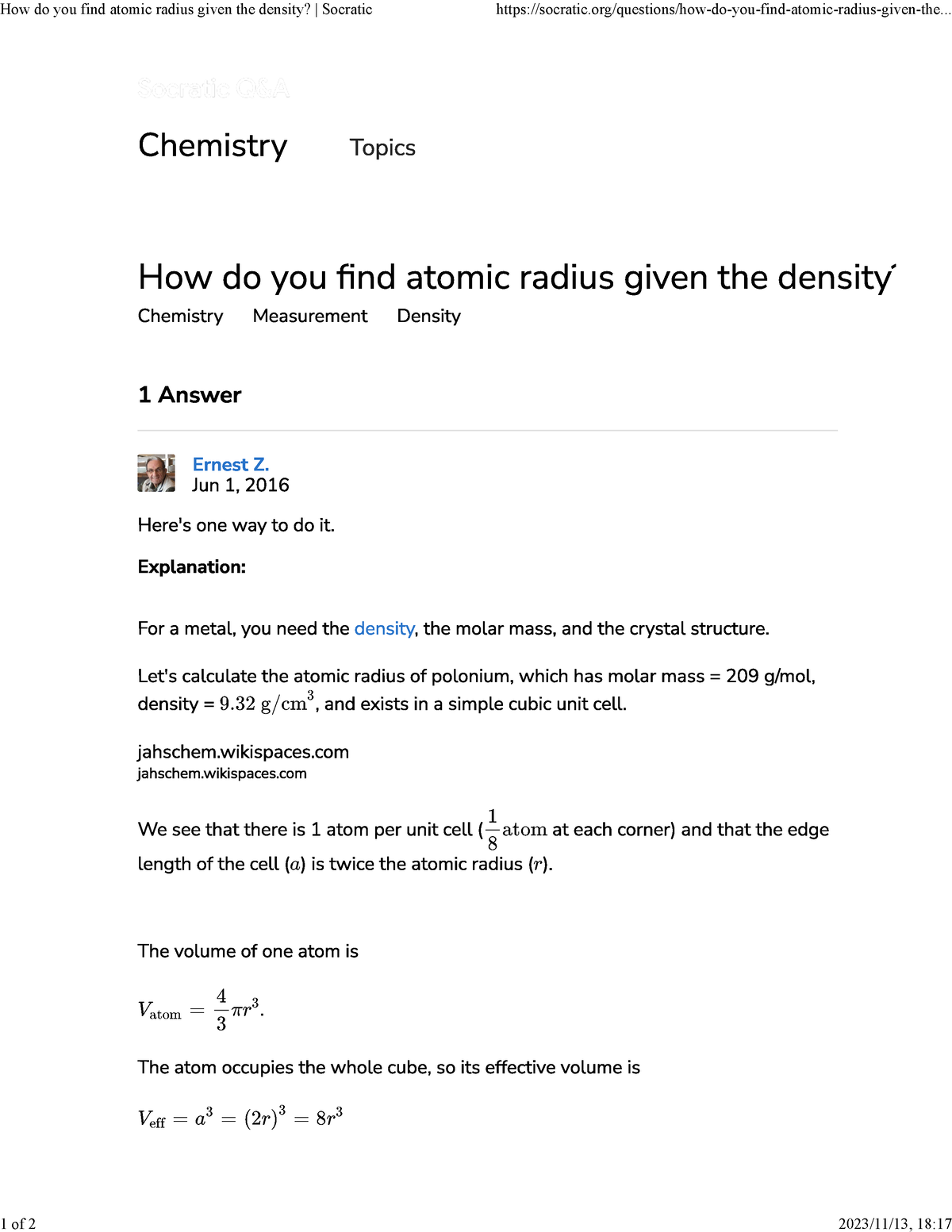 How do you find atomic radius given the density - .. 1 of 2 2023/11/13