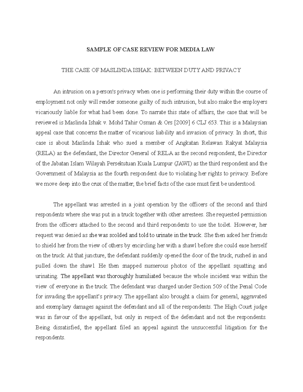 Sample OF CASE Review FOR Media LAW SAMPLE OF CASE REVIEW FOR MEDIA