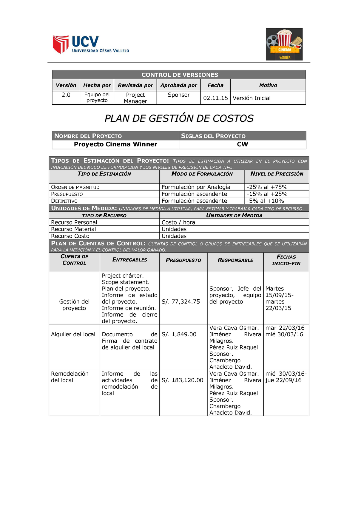 08 Plan De Gestion De Costos Studocu