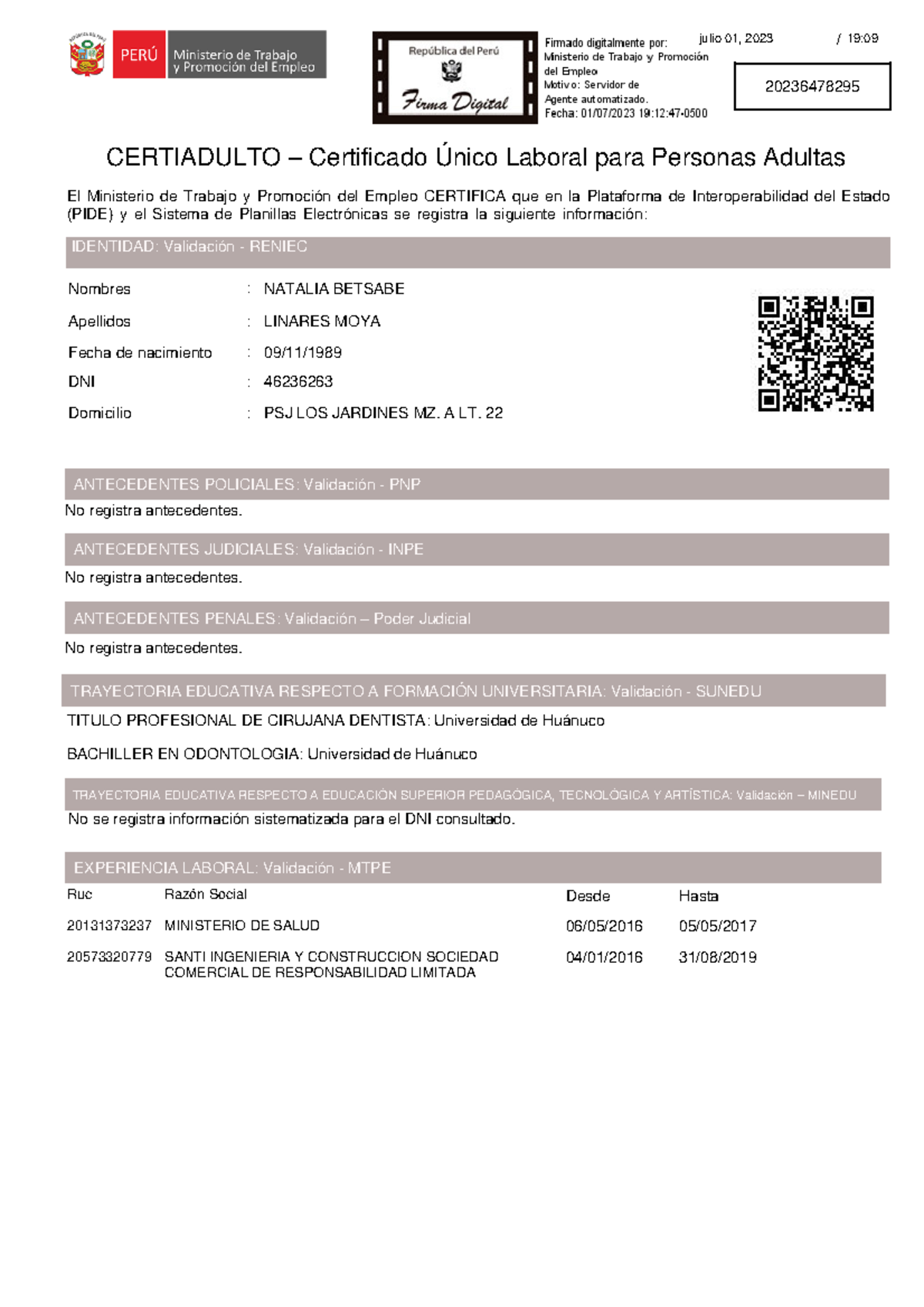 Certificado unico laboral A LT. 22 19 46236263 Domicilio DNI julio