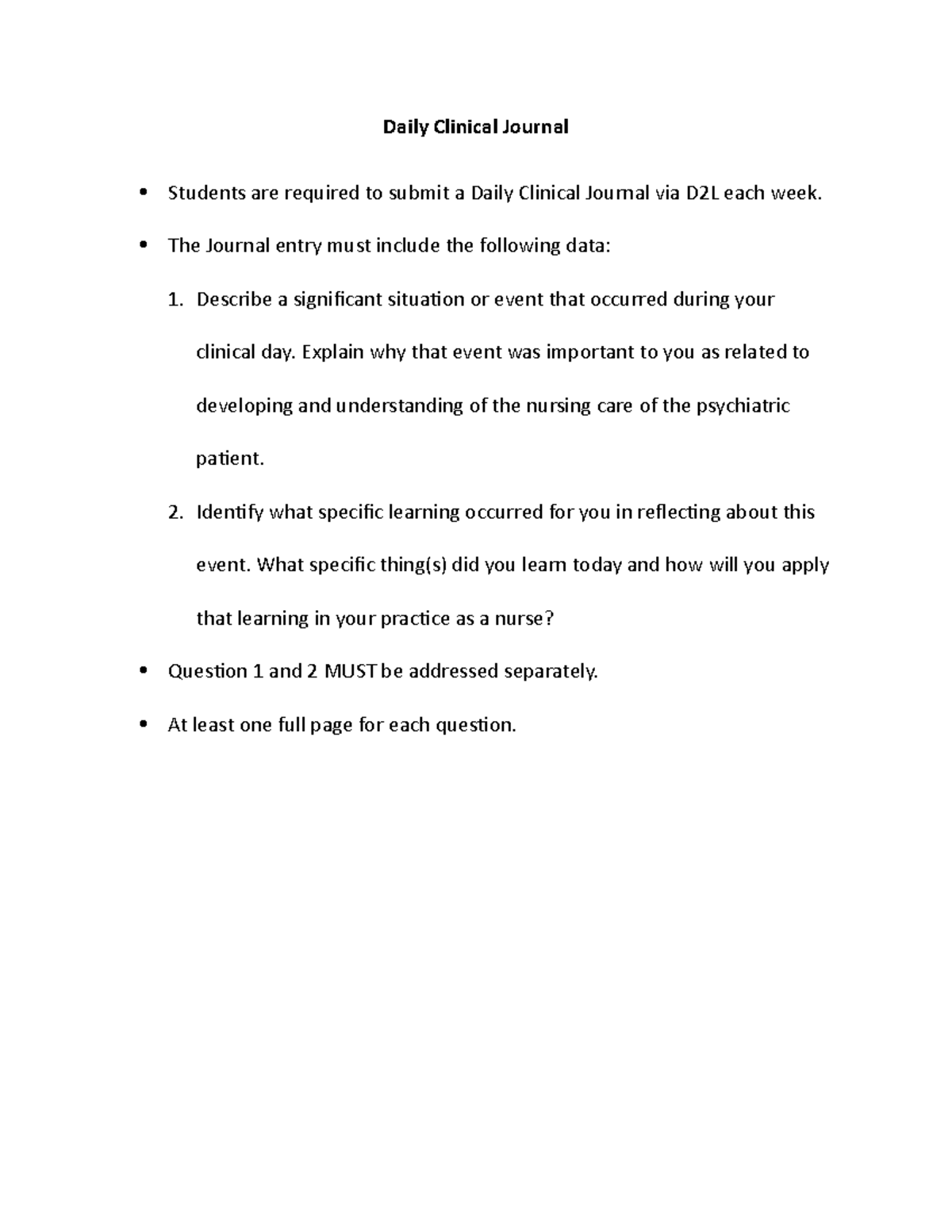 Daily Clinical Journal - The Journal entry must include the following ...