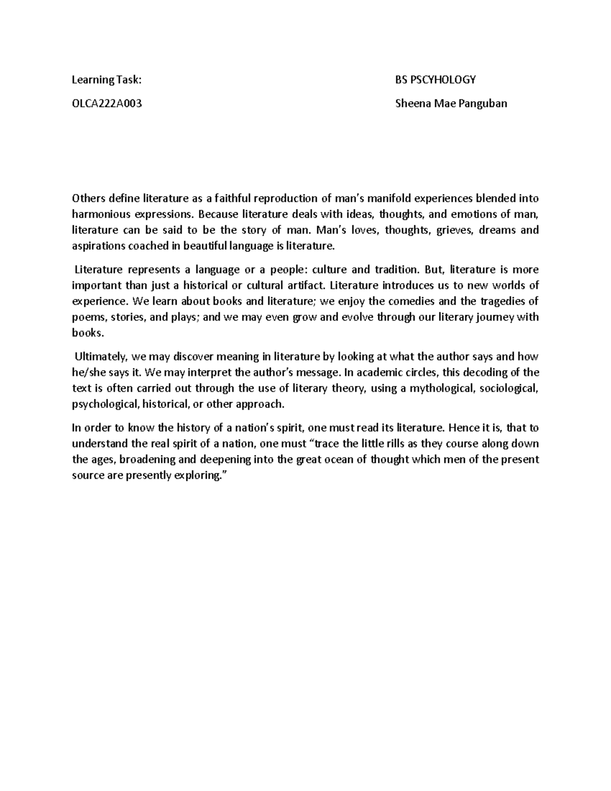 Learning Task - Introduction to Literature - Learning Task: BS ...