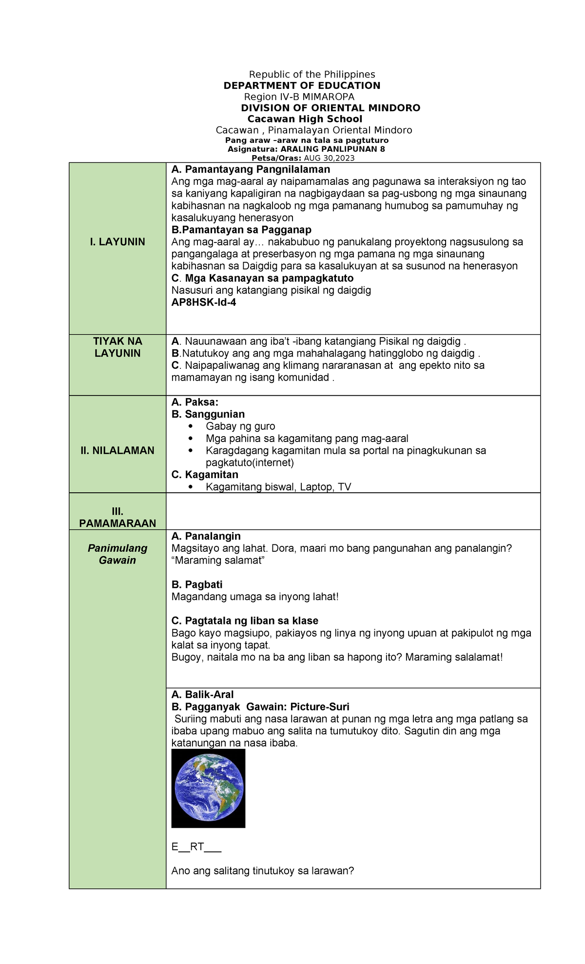 Ap8 Lp 1st Quarter Lesson Plan Republic Of The Philippines Department Of Education Region Iv 5934