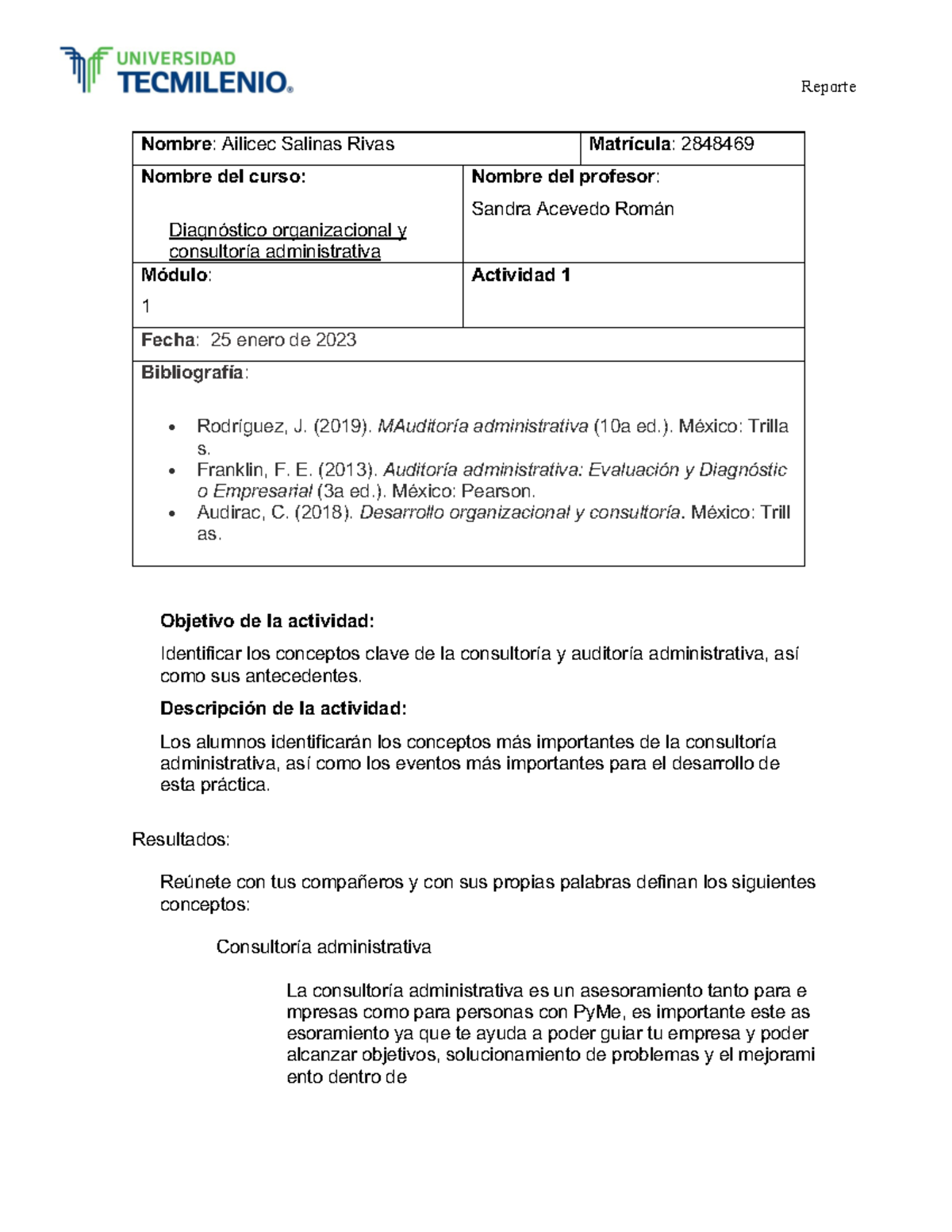 Diagnóstico Organizacional Y Consultoría Administrativa - Reporte ...