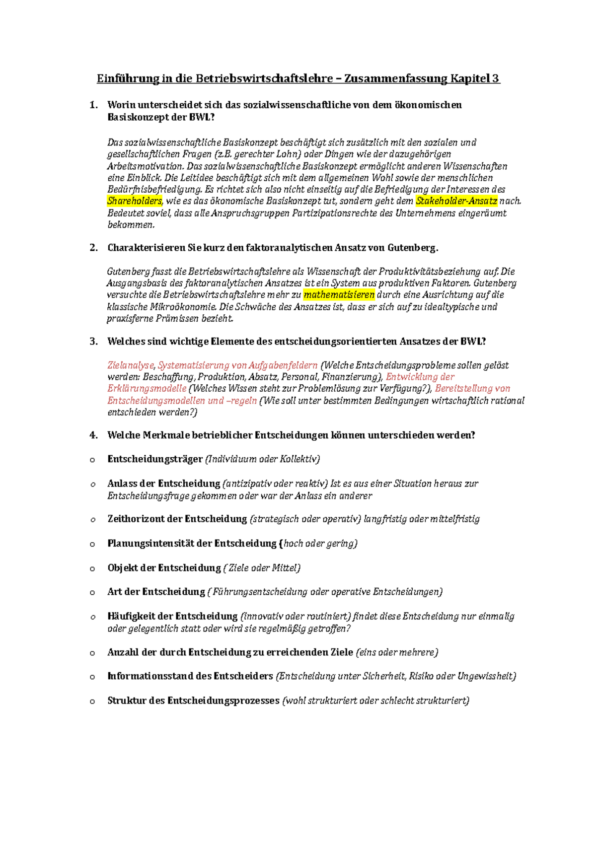 Einführung In Die Bwl Einführung in die BWL Zusammenfassung Kapitel 3 - Einführung in die