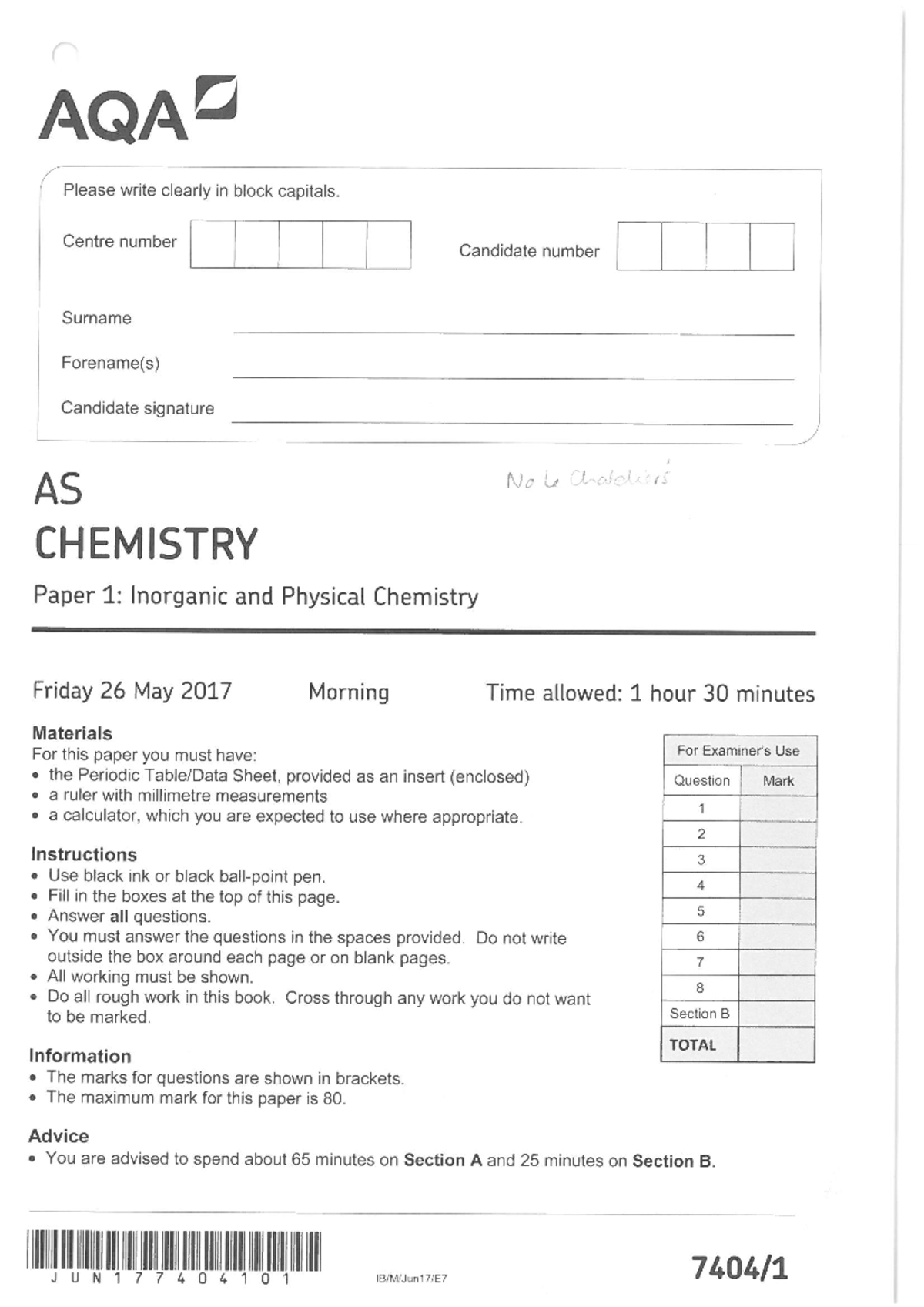 Chemistry Past Paper Inorganic And Physical 2017 Annotated Mark Scheme ...