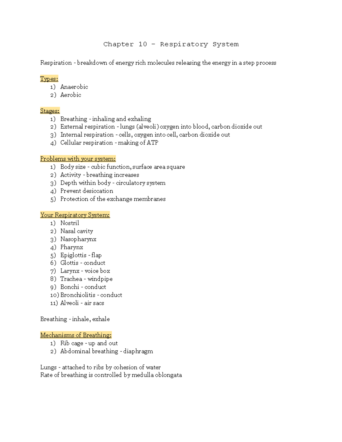 Bi Sci 4 chapter 10 Chapter 10 Respiratory System Respiration