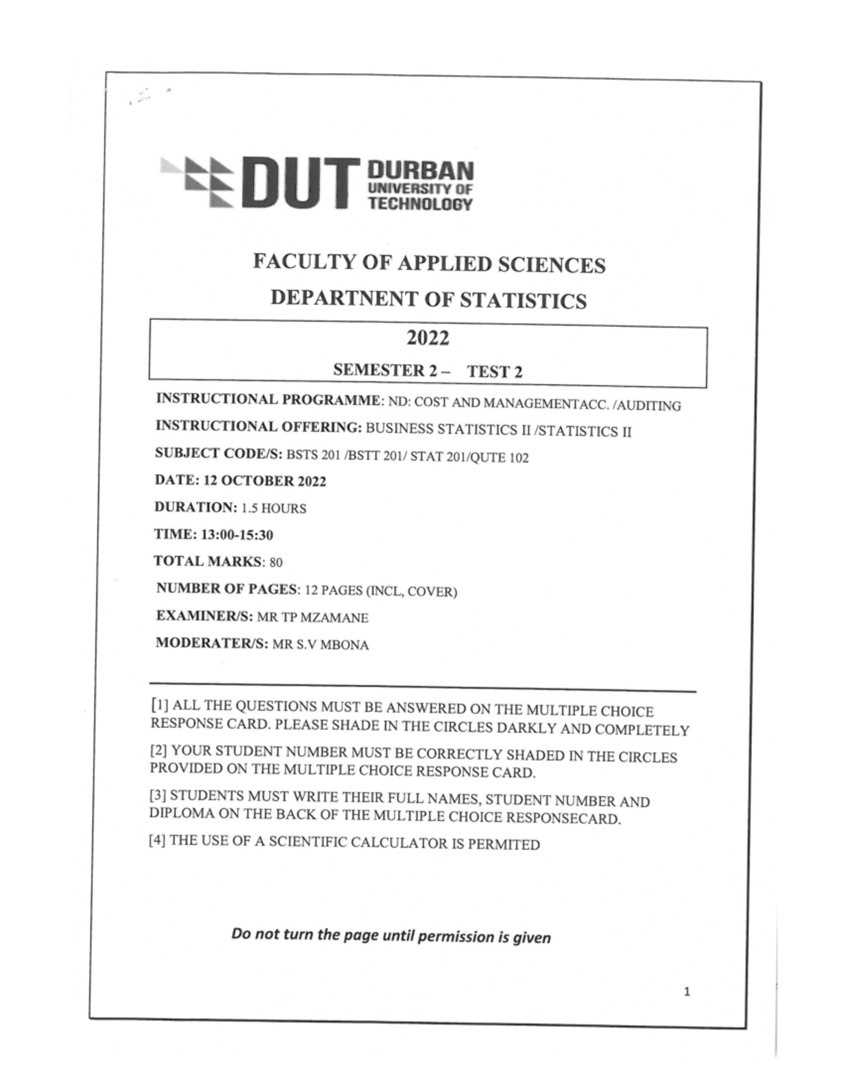 Group statement - DUT DURBAN UNIVERSITY OF TECHNOLOGY FACULTY OF ...