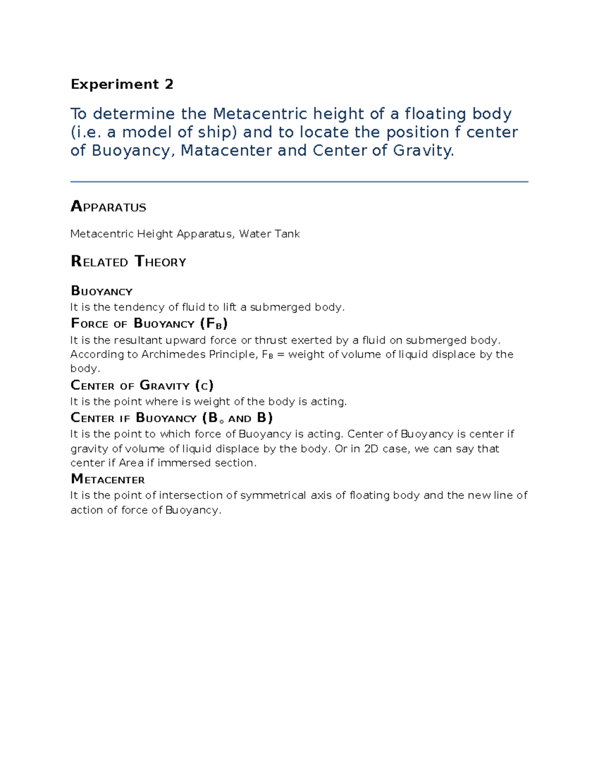 Experiment 2 a model of ship) and to locate the position f center of