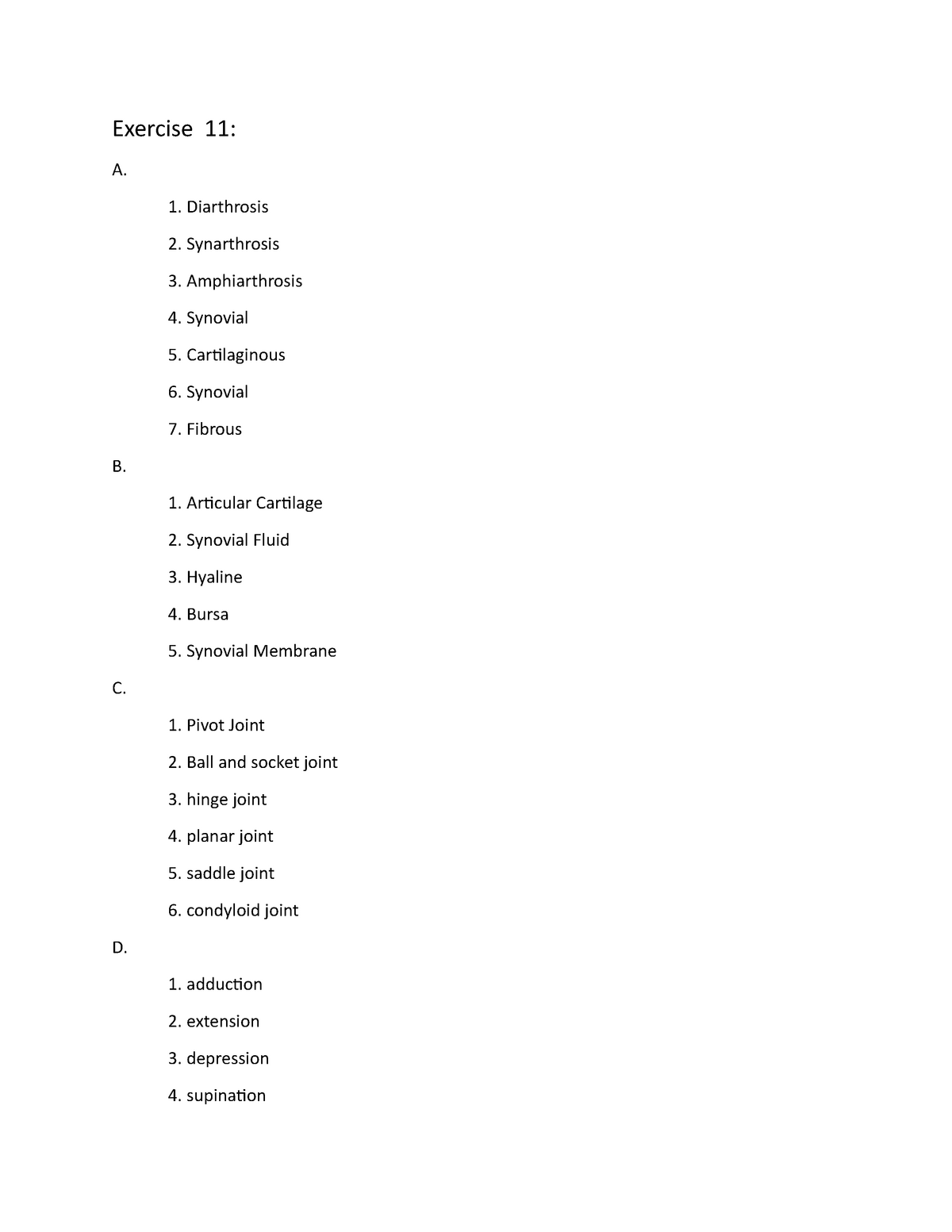 Exercise 11 - Exercise 11: A. Diarthrosis Synarthrosis Amphiarthrosis ...