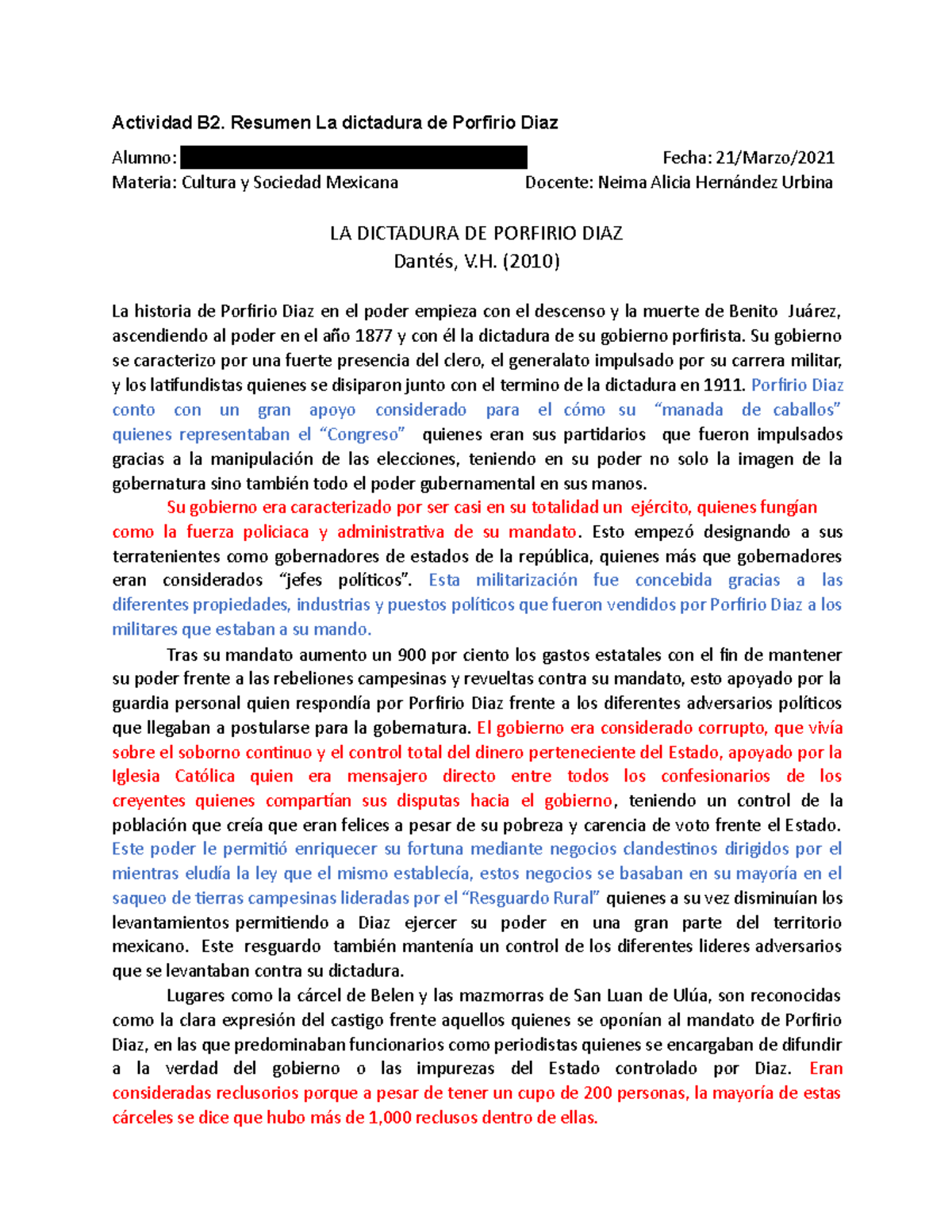 Actividad B2. Resumen La Dictadura De Porfirio Díaz - Actividad B2 ...