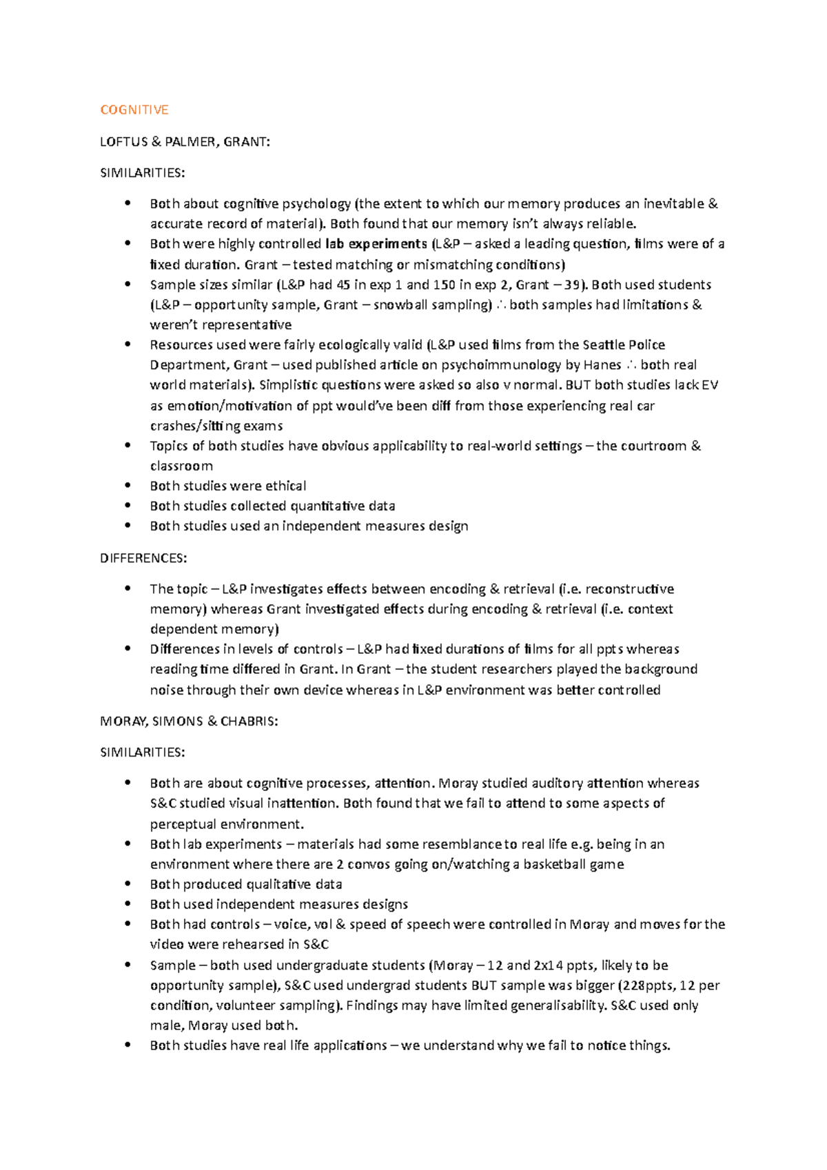 OCR Core study comparisons - COGNITIVE LOFTUS & PALMER, GRANT ...