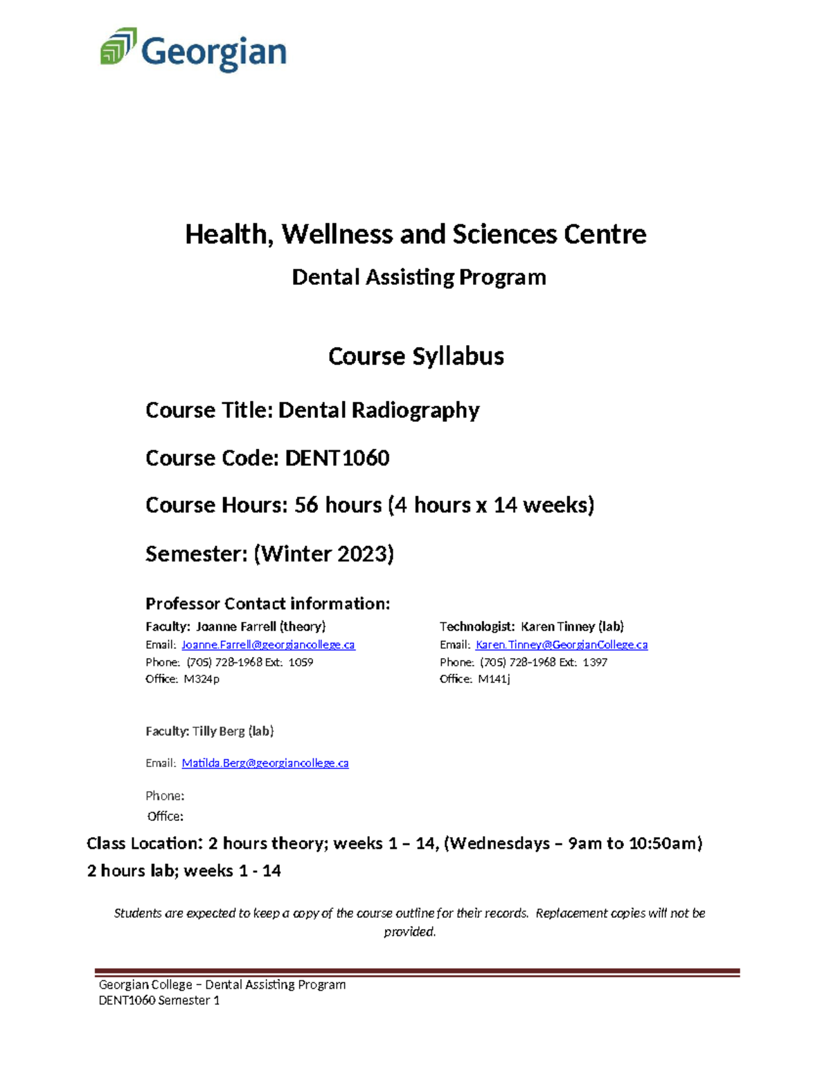 DENT1060 W23 Syllabus College Dental Assisting Program