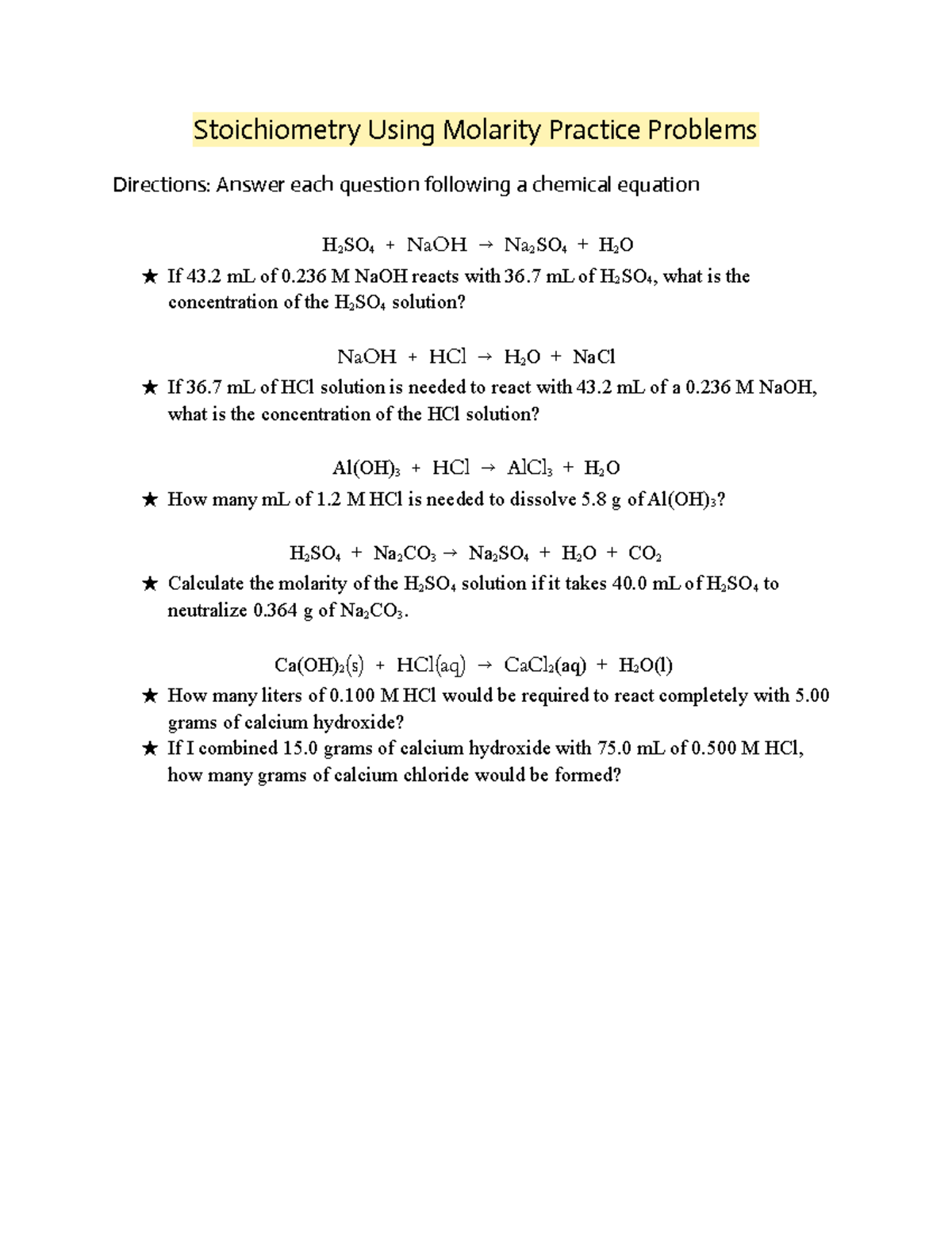 Stoichiometry Using Molarity Practice Problems Stoichiometry Using 