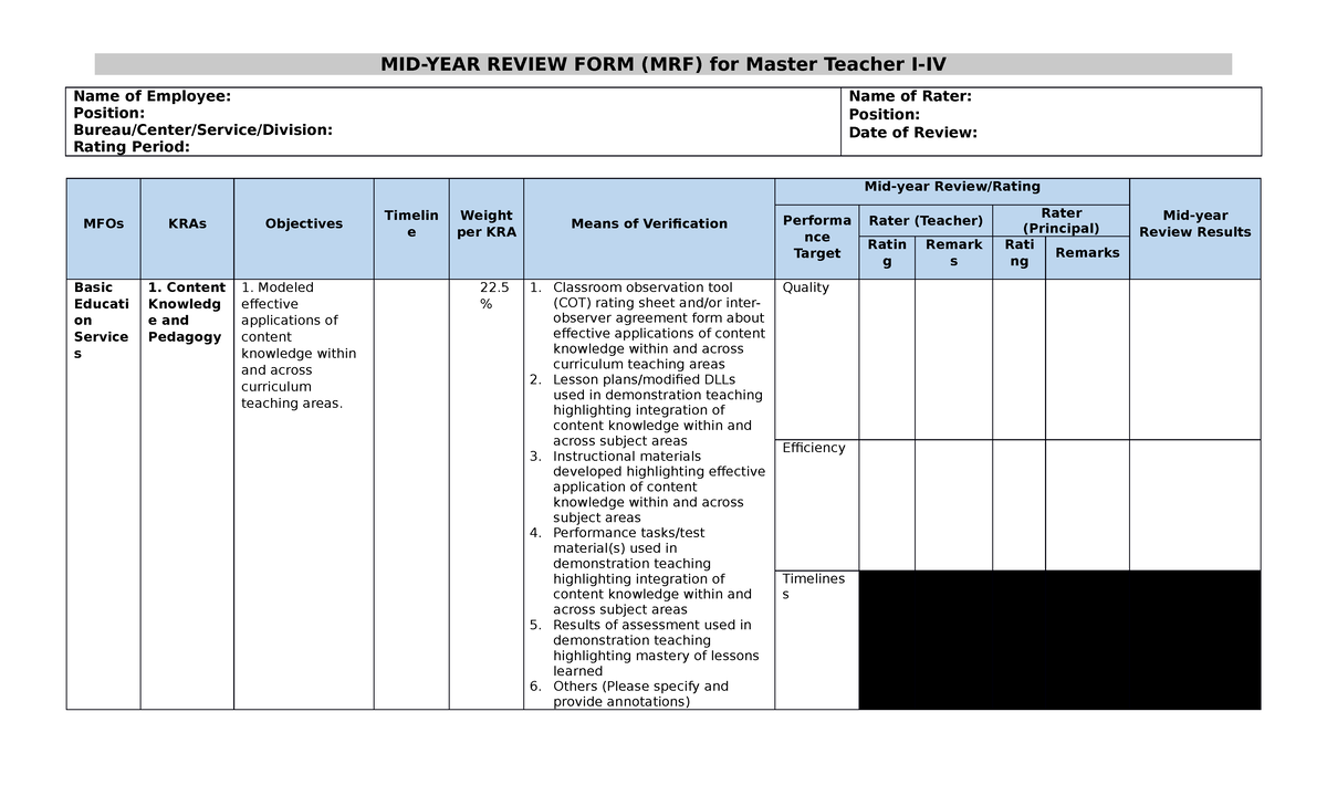Appendix E - INSET - MID-YEAR REVIEW FORM (MRF) for Master Teacher I-IV ...