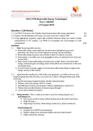 2019 Test 2 MEMO - test paper solution - TECC3792 Renewable Energy ...