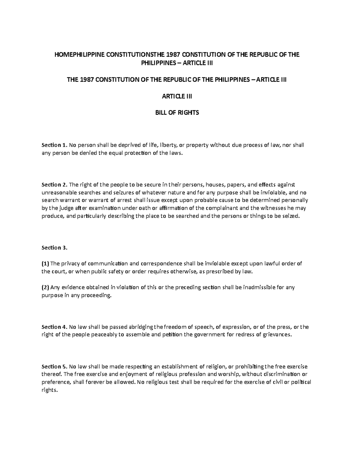 BILL-OF- Rights - HOMEPHILIPPINE CONSTITUTIONSTHE 1987 CONSTITUTION OF ...