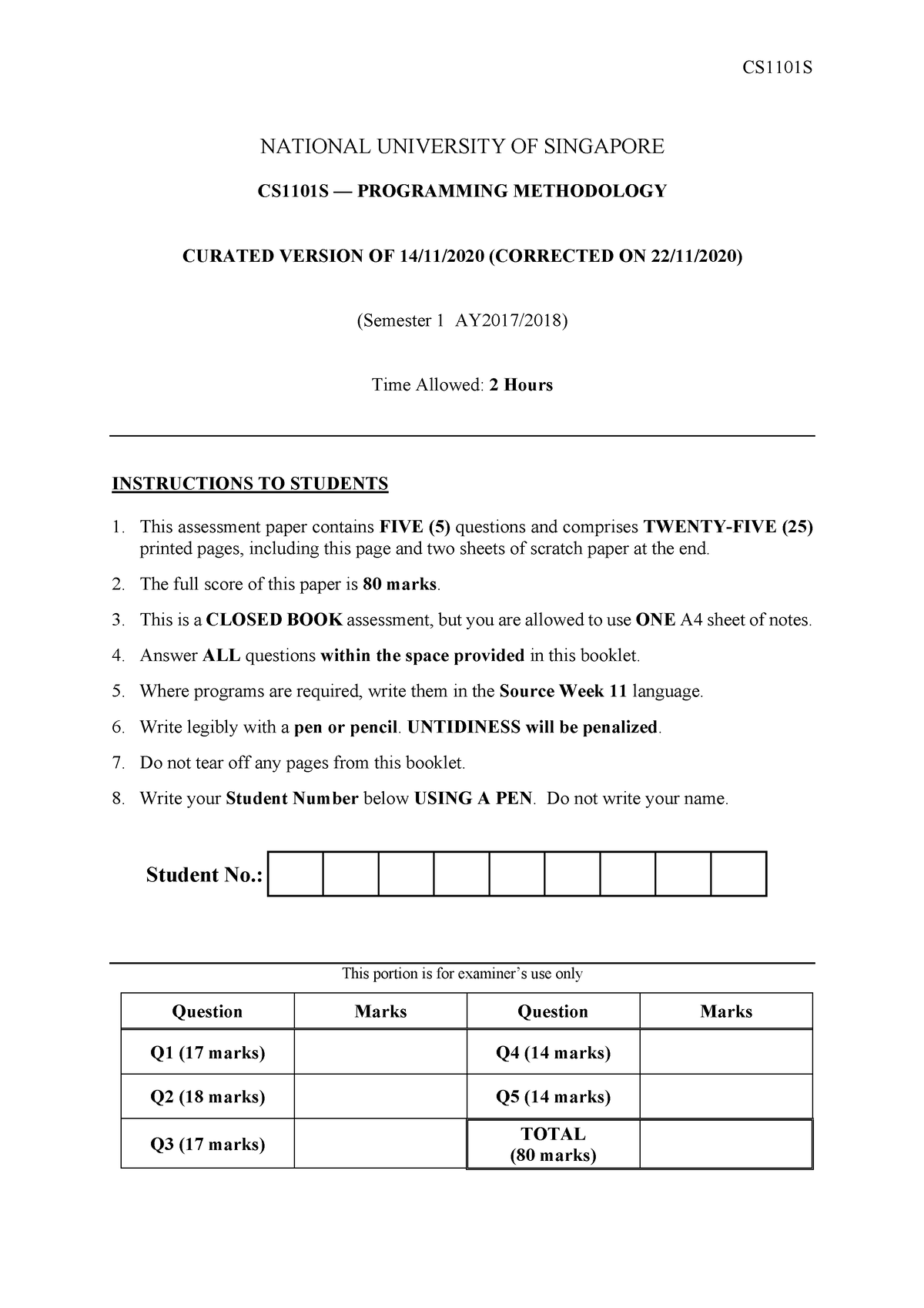 Cs1101s 1718s1 Final - Dwwqfqwfqw - NATIONAL UNIVERSITY OF SINGAPORE ...