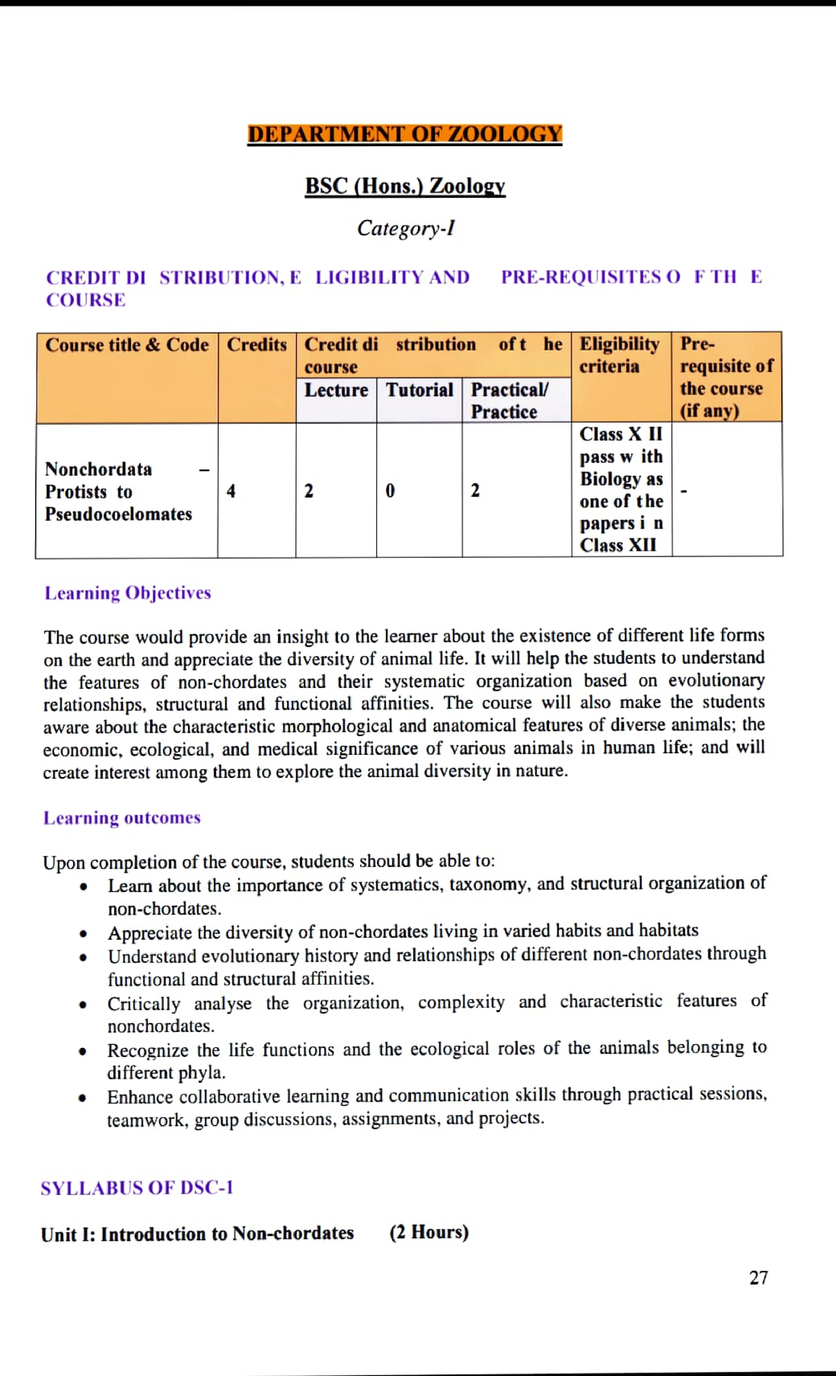 B.Sc Zoology Sem 1 Syllabus - DEPARTMENT OFZ0OLOGY BSC(Hons.) Zoology ...