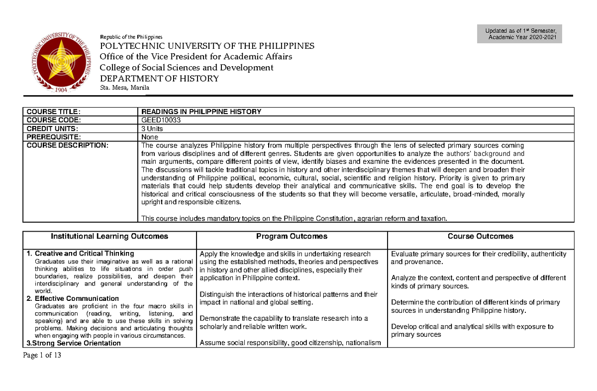 GEED-10033 RIPH- Syllabus - Readings In The Philippine History - PUP ...