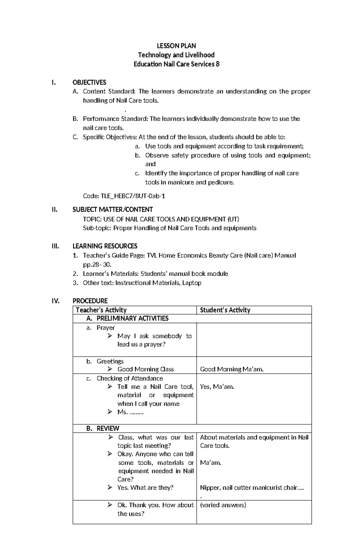 Dlp in nail care services LESSON PLAN Technology and Livelihood