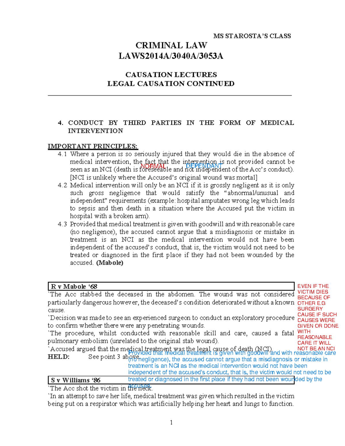 Criminal Law Causation Notes Part 4 - 1 MS STAROSTA’S CLASS CRIMINAL ...