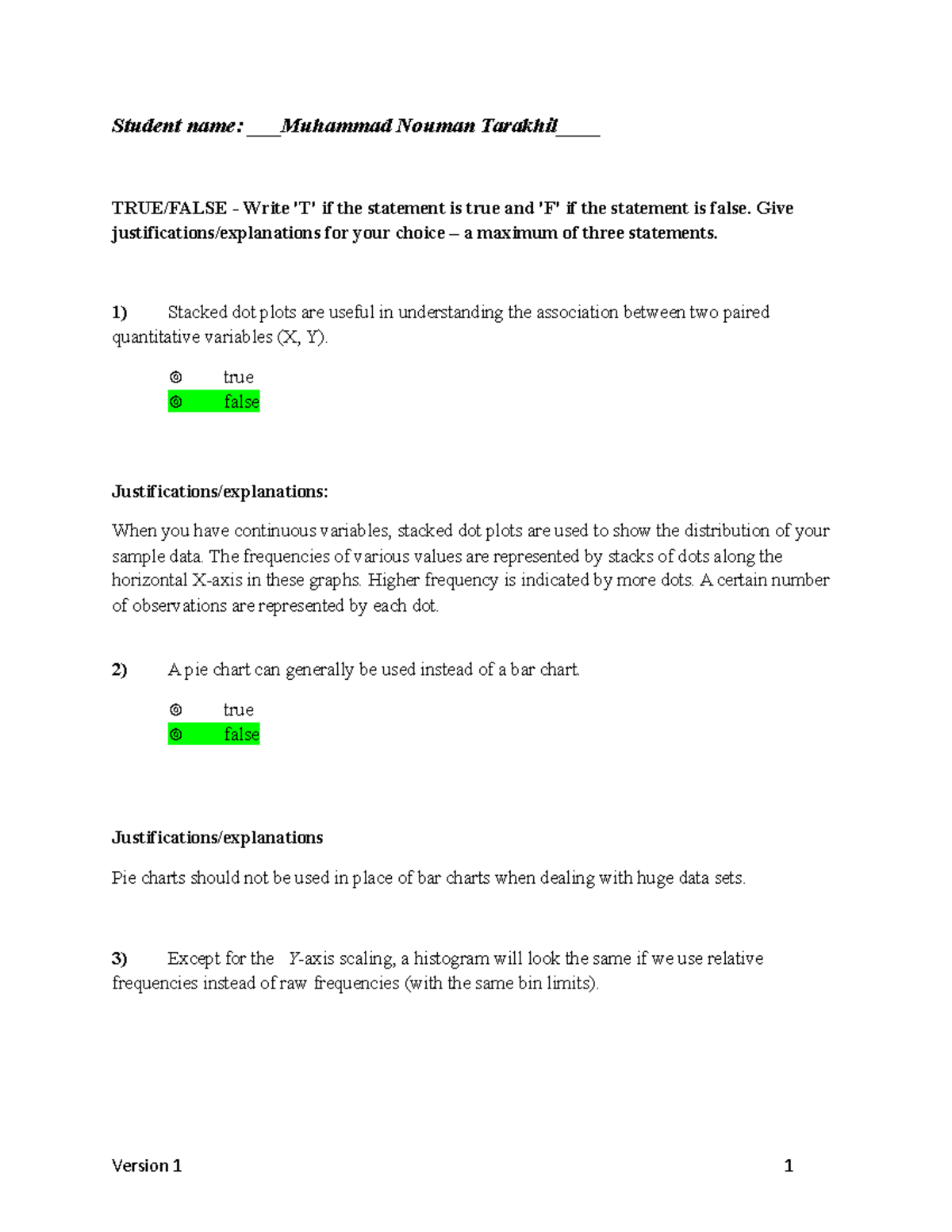 Assignment 2 - True False - Student name: Muhammad Nouman Tarakhil ...