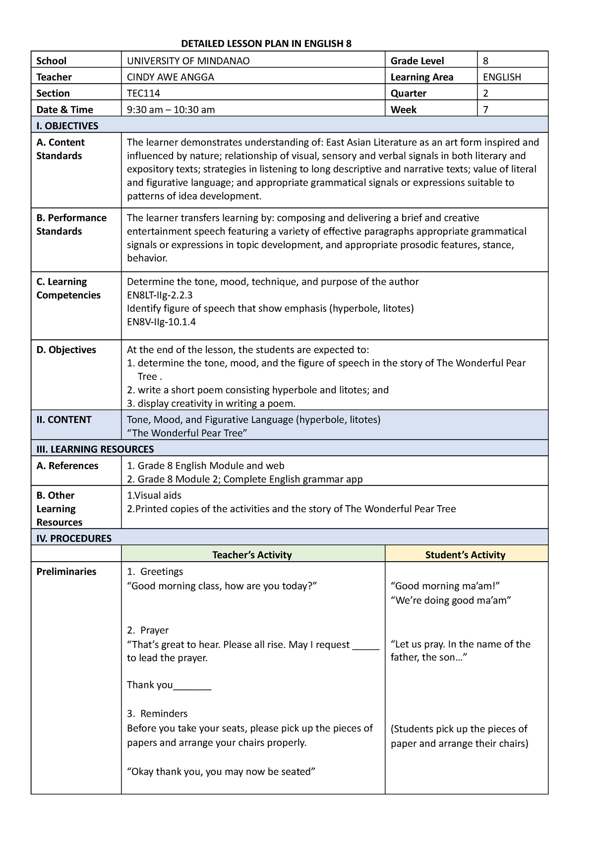 Nikkole - Detailed Lesson Plan - DETAILED LESSON PLAN IN ENGLISH 8 ...