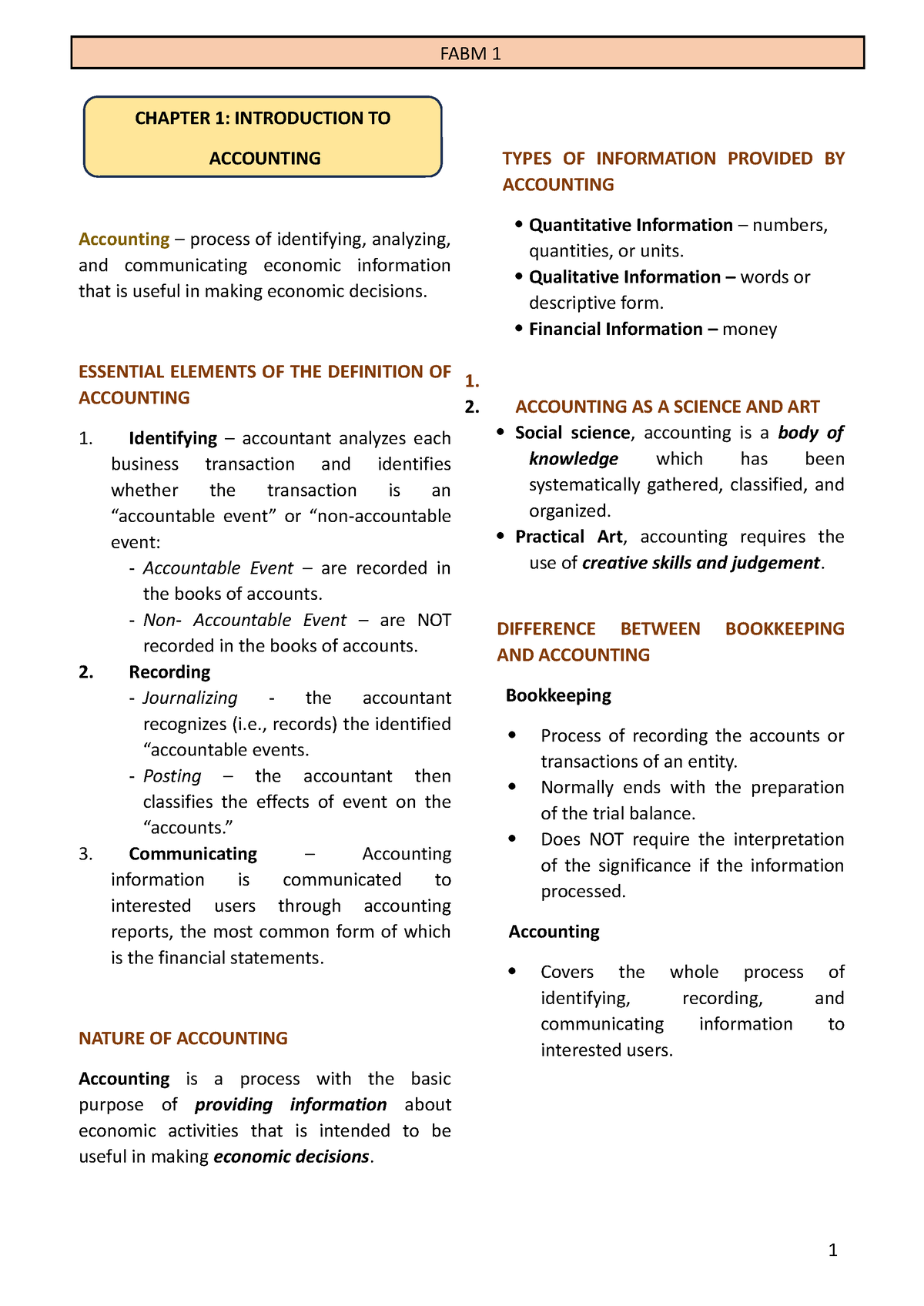 FABM 1 - FABM - CHAPTER 1: INTRODUCTION TO ACCOUNTING Accounting ...