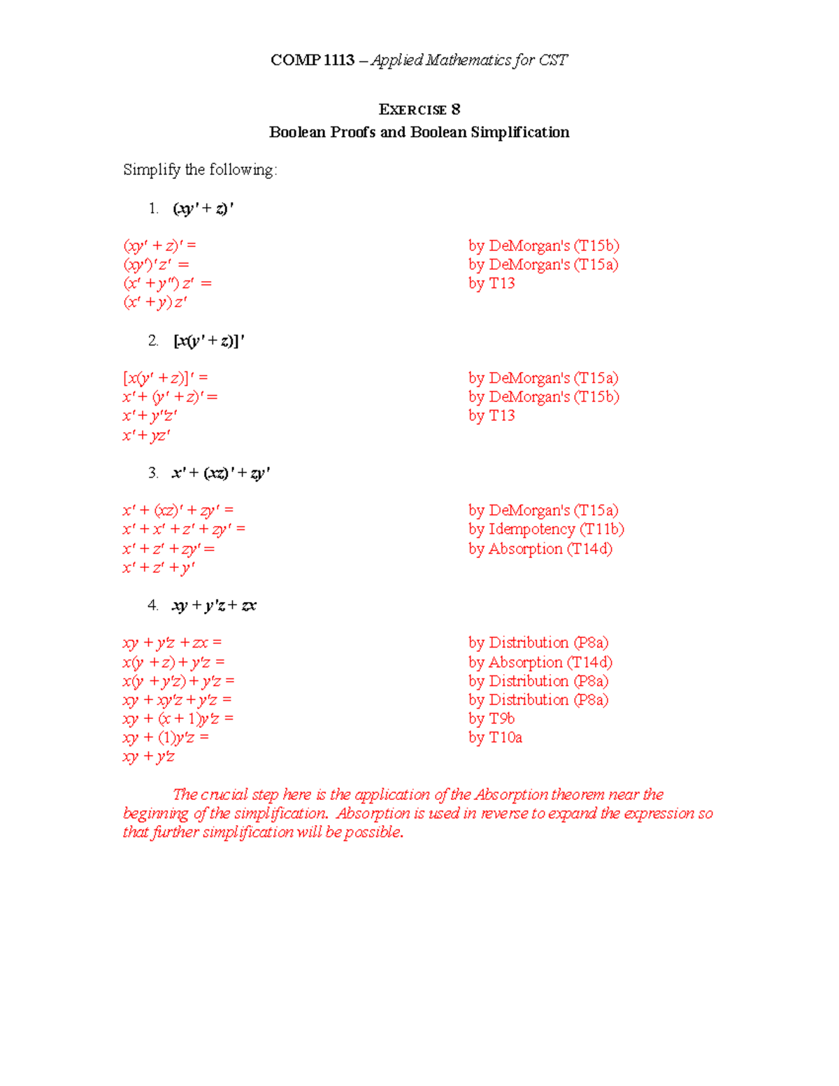 Exercise 08 - Boolean - Solutions - EXERCISE 8 Boolean Proofs and ...