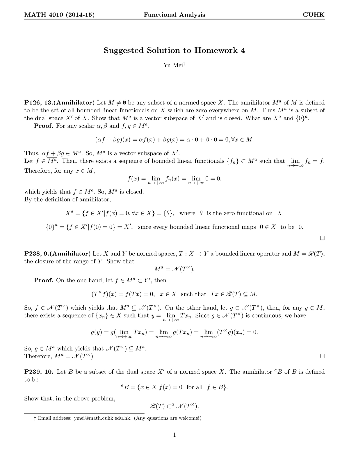 Solution 4 - Functional Analysis - MATH 4010 (2014-15) Functional ...