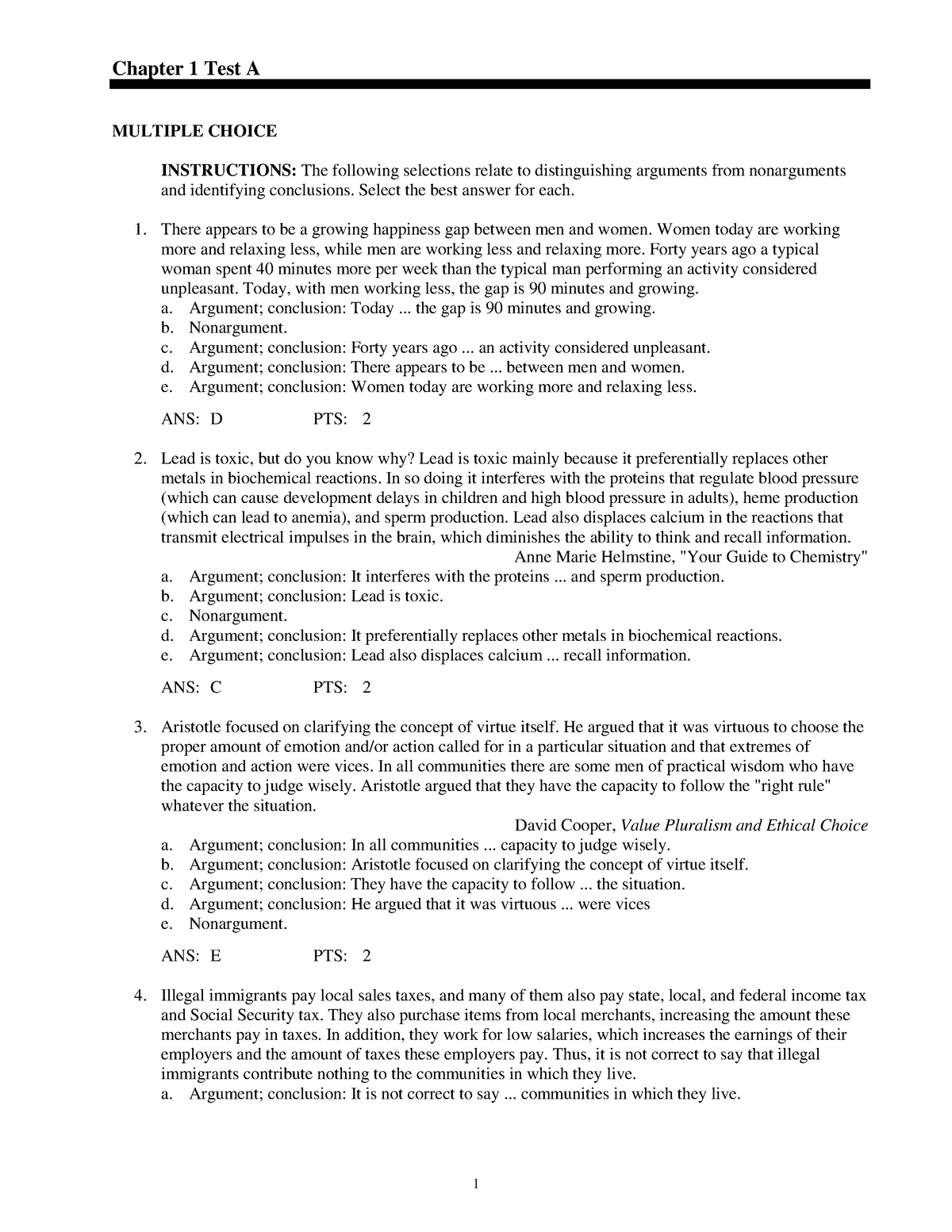 Logic BEST EXAM 590 - Chapter 1 Test A MULTIPLE CHOICE INSTRUCTIONS ...