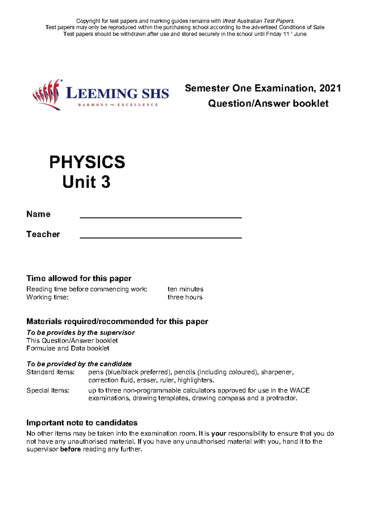 Physics unit 3 exam - very great exam - Copyright for test papers and ...