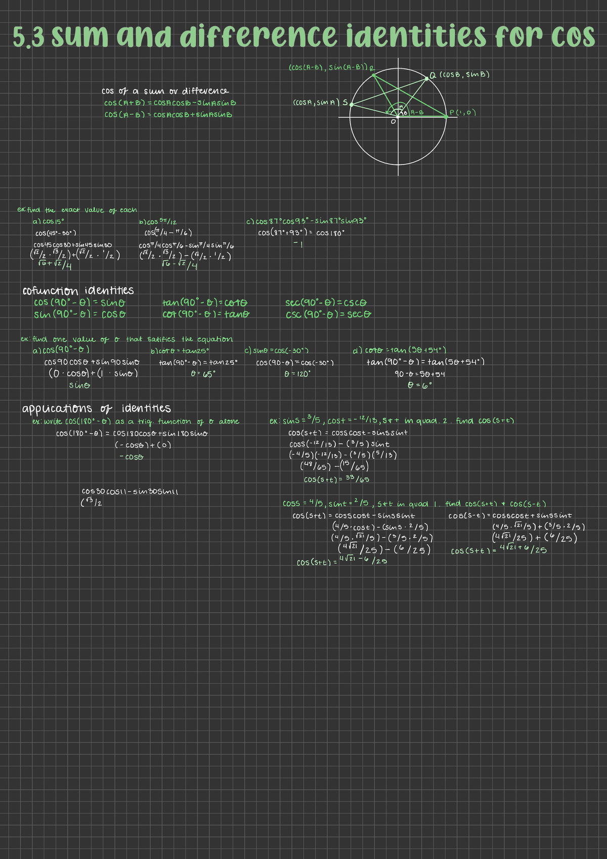 5 3 Sum And Difference Identities For Cosine Studocu