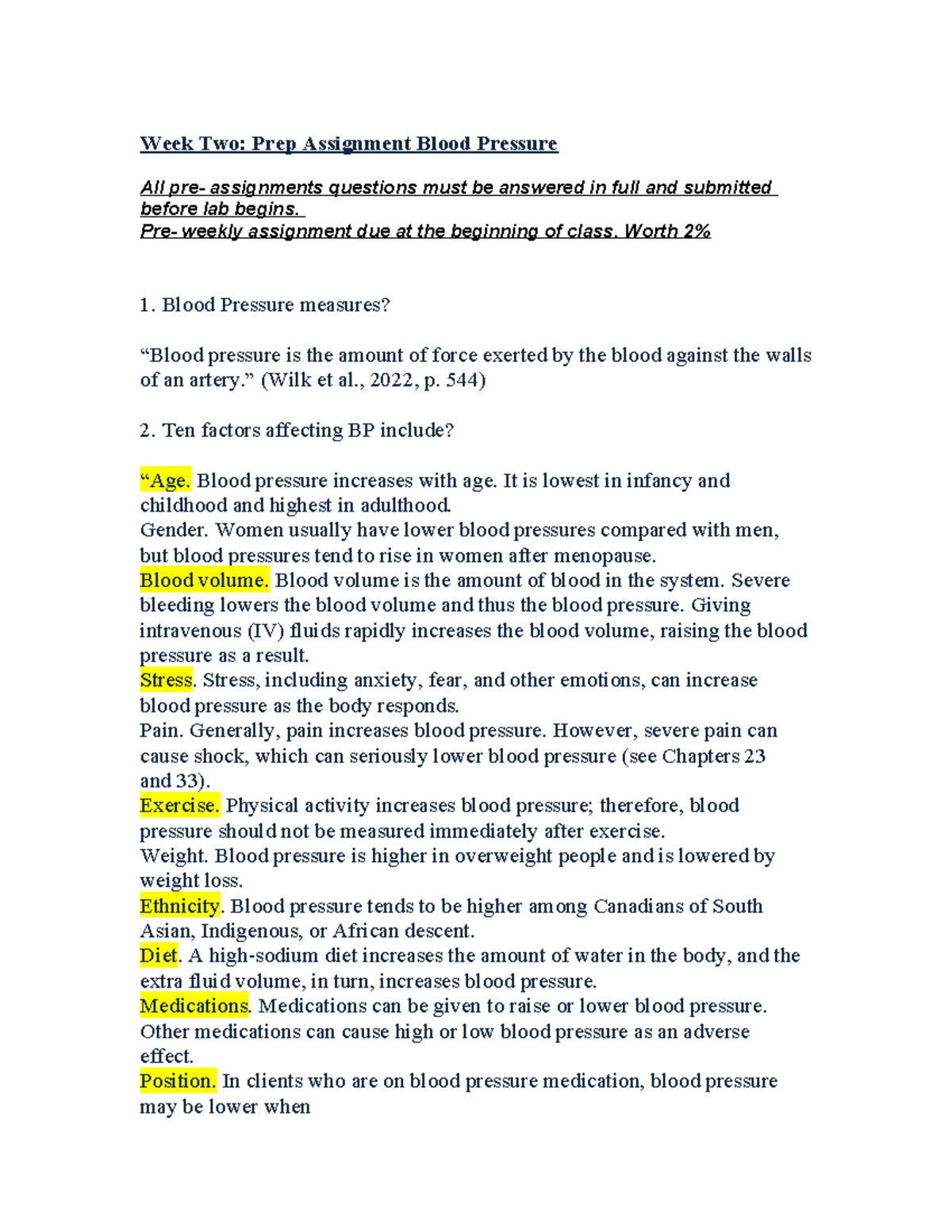 Blood pressure - week 2 preassignment - Week Two: Prep Assignment Blood ...