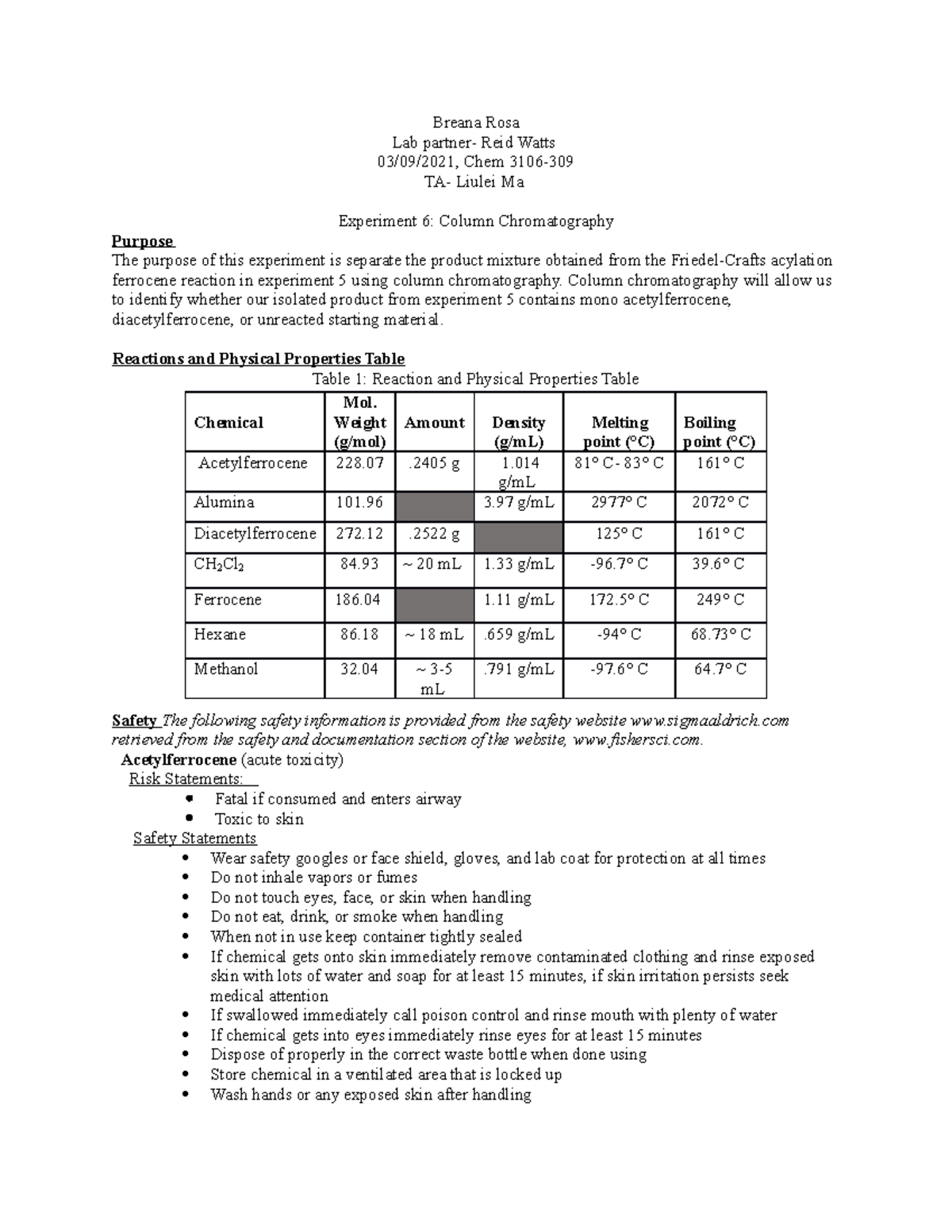 Ochem 3106 Lab Report 6- Column Chromatography - Breana Rosa Lab ...